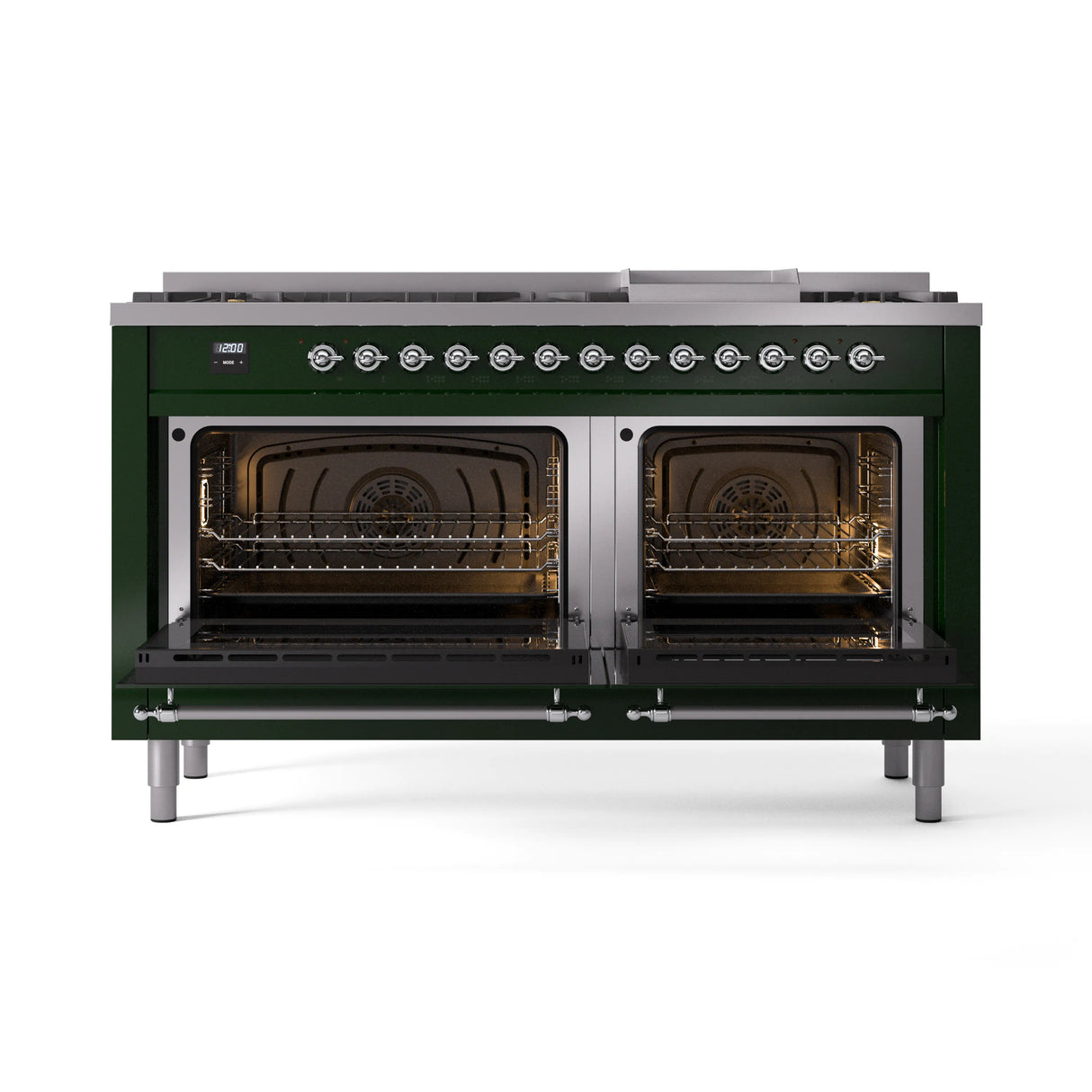 ILVE 60-Inch Nostalgie II Natural Gas Dual Fuel Range with 9 Burners, Griddle and Triple Glass Door Oven in Emerald Green with Chrome Trim (UP60FNMPEGC)
