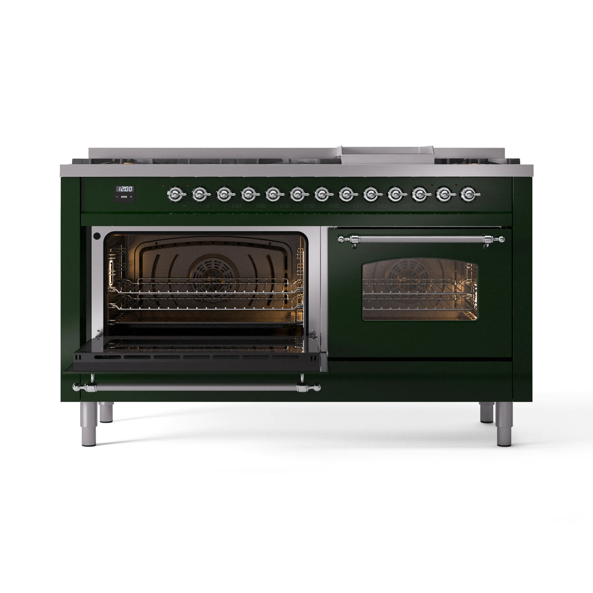 ILVE 60-Inch Nostalgie II Natural Gas Dual Fuel Range with 9 Burners, Griddle and Triple Glass Door Oven in Emerald Green with Chrome Trim (UP60FNMPEGC)