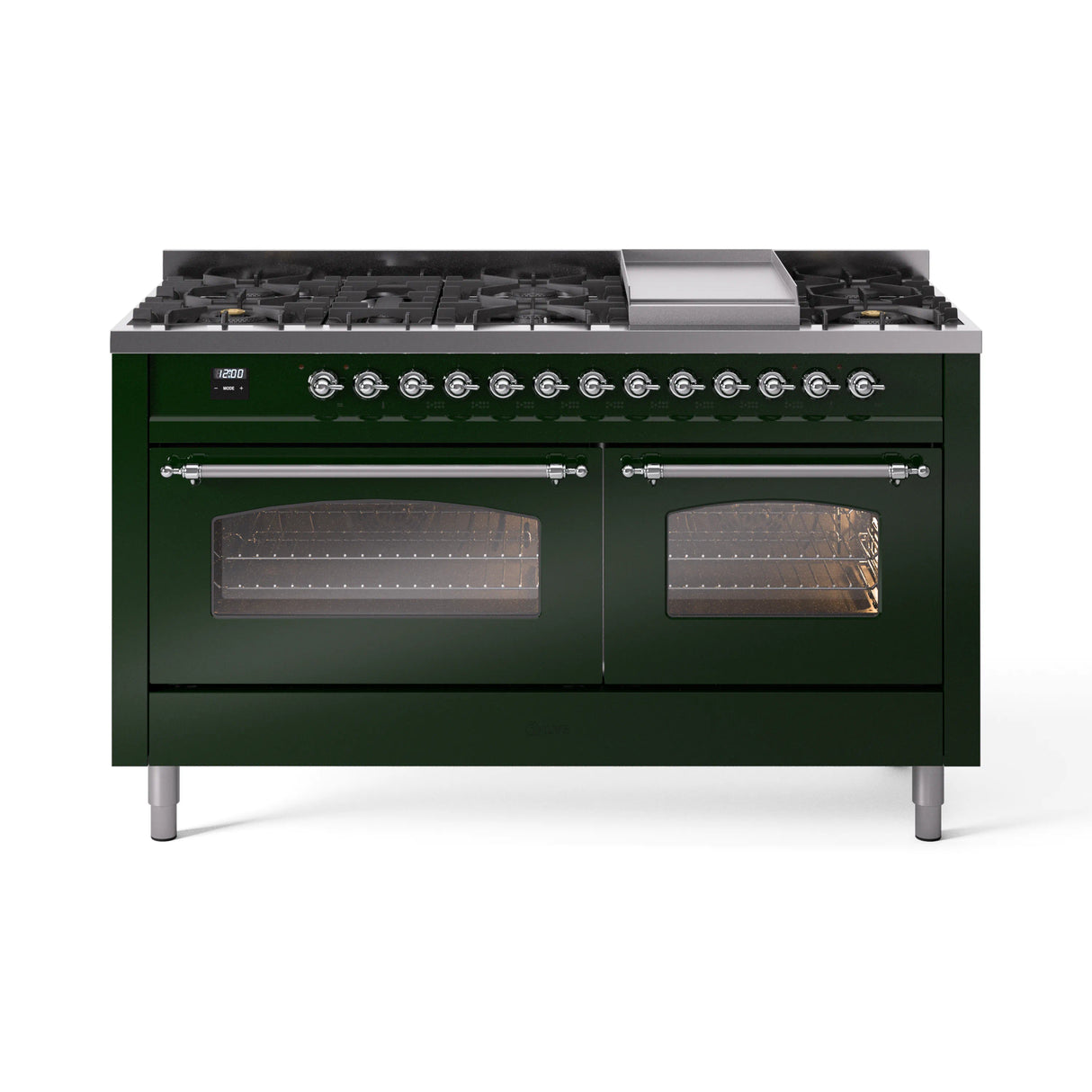 ILVE 60-Inch Nostalgie II Natural Gas Dual Fuel Range with 9 Burners, Griddle and Triple Glass Door Oven in Emerald Green with Chrome Trim (UP60FNMPEGC)