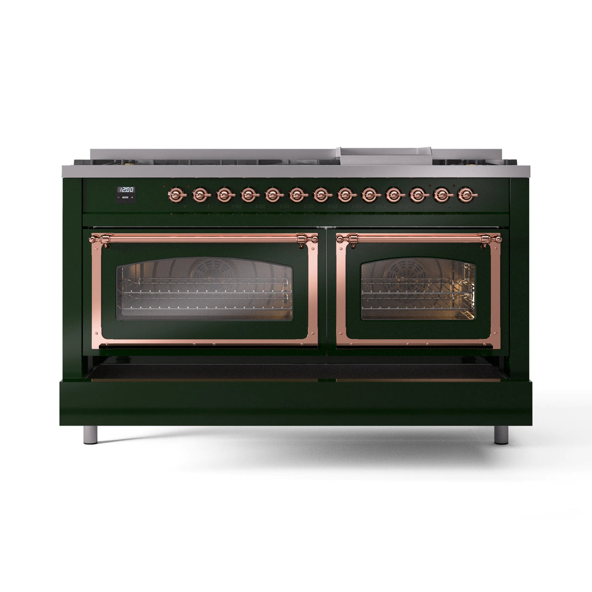 ILVE 60-Inch Nostalgie II Noblesse Propane Gas Dual Fuel Range with 9 Sealed Burners, Griddle, Triple Glass Door Oven in Emerald Green with Copper Trim (UN60FNMPEGPLP)