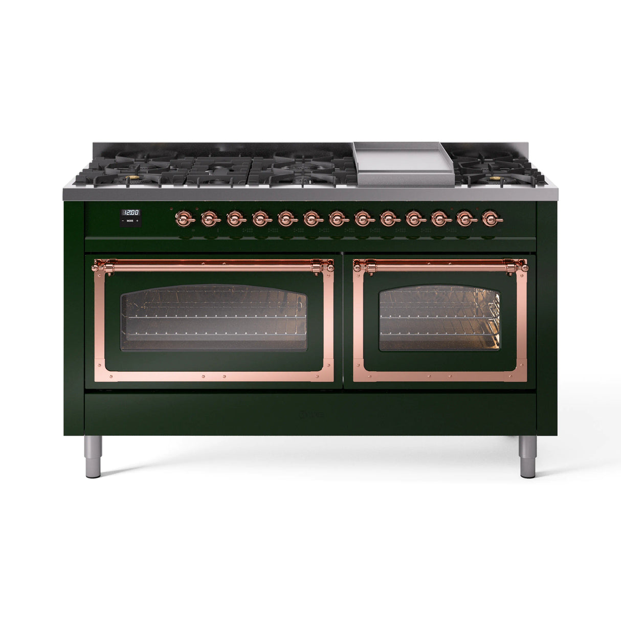 ILVE 60-Inch Nostalgie II Noblesse Propane Gas Dual Fuel Range with 9 Sealed Burners, Griddle, Triple Glass Door Oven in Emerald Green with Copper Trim (UN60FNMPEGPLP)
