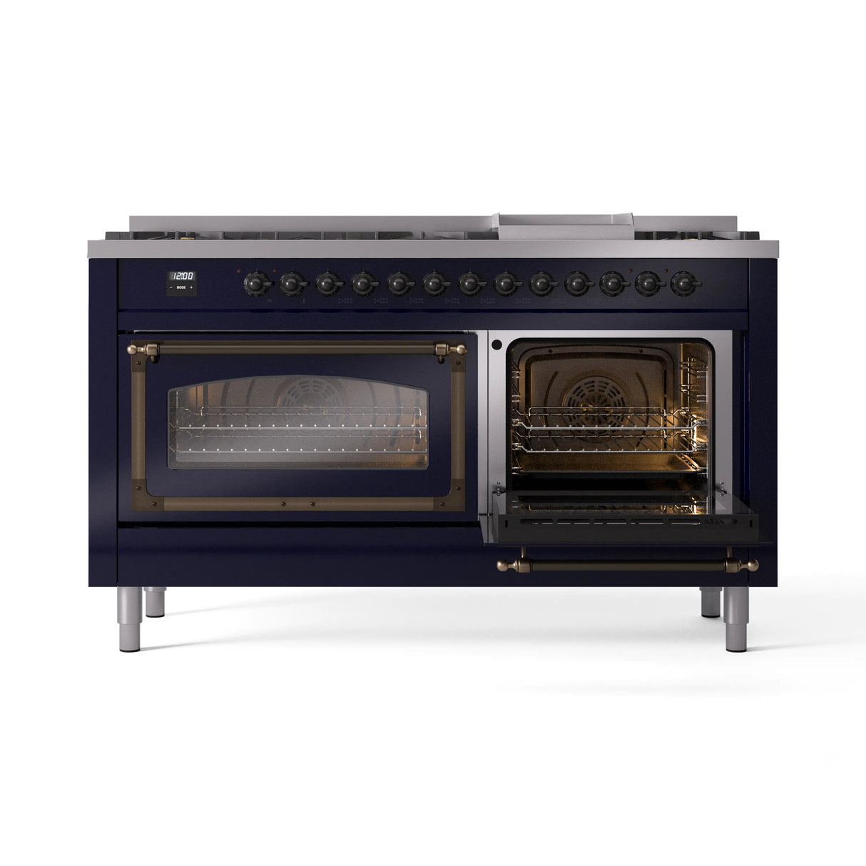 ILVE 60-Inch Nostalgie II Noblesse Propane Gas Dual Fuel Range with 9 Sealed Burners, Griddle, Triple Glass Door Oven in Midnight Blue with Bronze Trim (UN60FNMPMBBLP)
