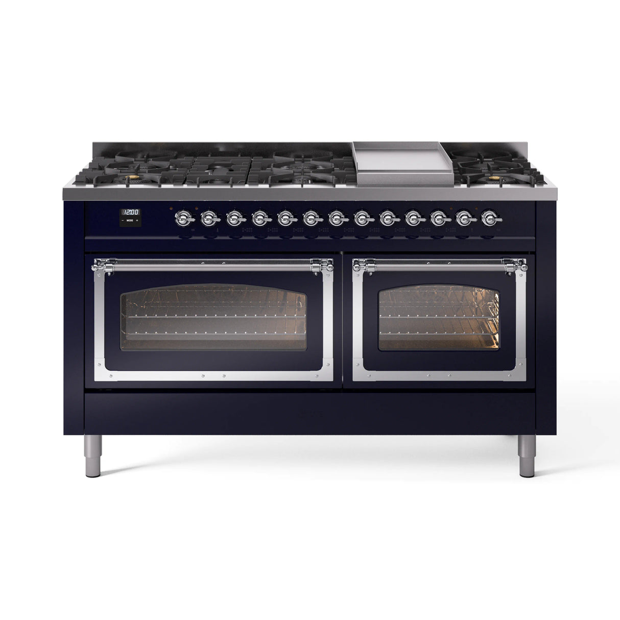 ILVE 60-Inch Nostalgie II Noblesse Natural Gas Dual Fuel Range in Midnight Blue with Chrome Trim (UN60FNMPMBC)