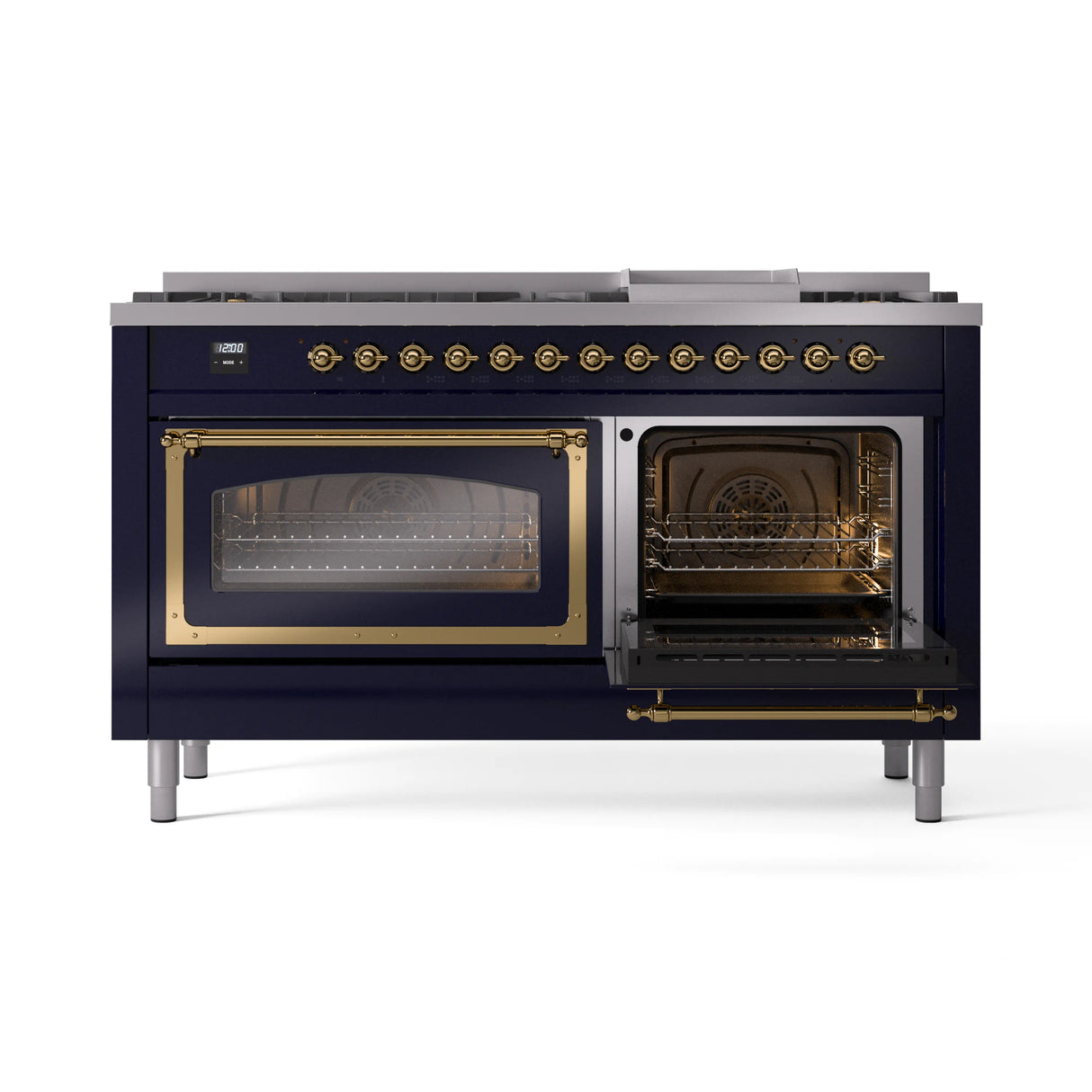 ILVE 60-Inch Nostalgie II Noblesse Propane Gas Dual Fuel Range with 9 Sealed Burners, Griddle, Triple Glass Door Oven in Midnight Blue with Brass Trim (UN60FNMPMBGLP)