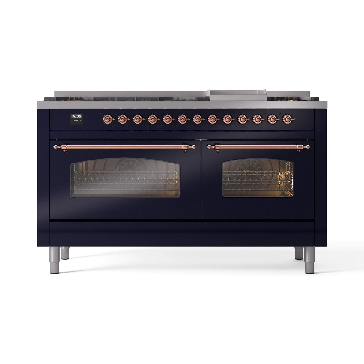 ILVE 60-Inch Nostalgie II Natural Gas Dual Fuel Range with 9 Burners, Griddle and Triple Glass Door Oven in Midnight Blue with Copper Trim (UP60FNMPMBP)