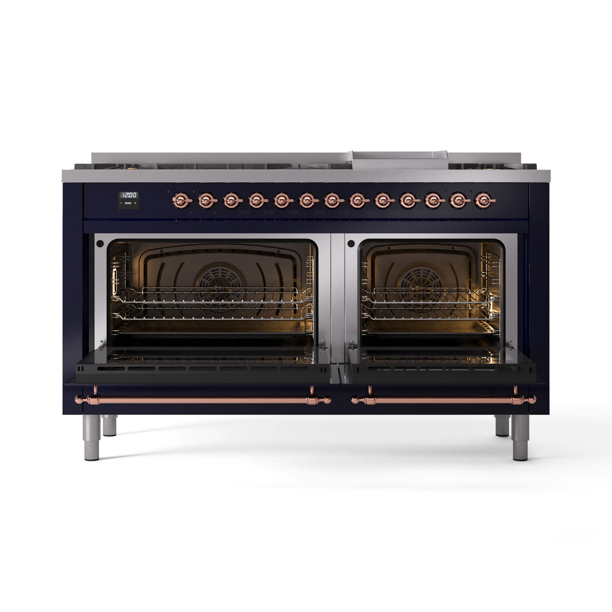 ILVE 60-Inch Nostalgie II Natural Gas Dual Fuel Range with 9 Burners, Griddle and Triple Glass Door Oven in Midnight Blue with Copper Trim (UP60FNMPMBP)