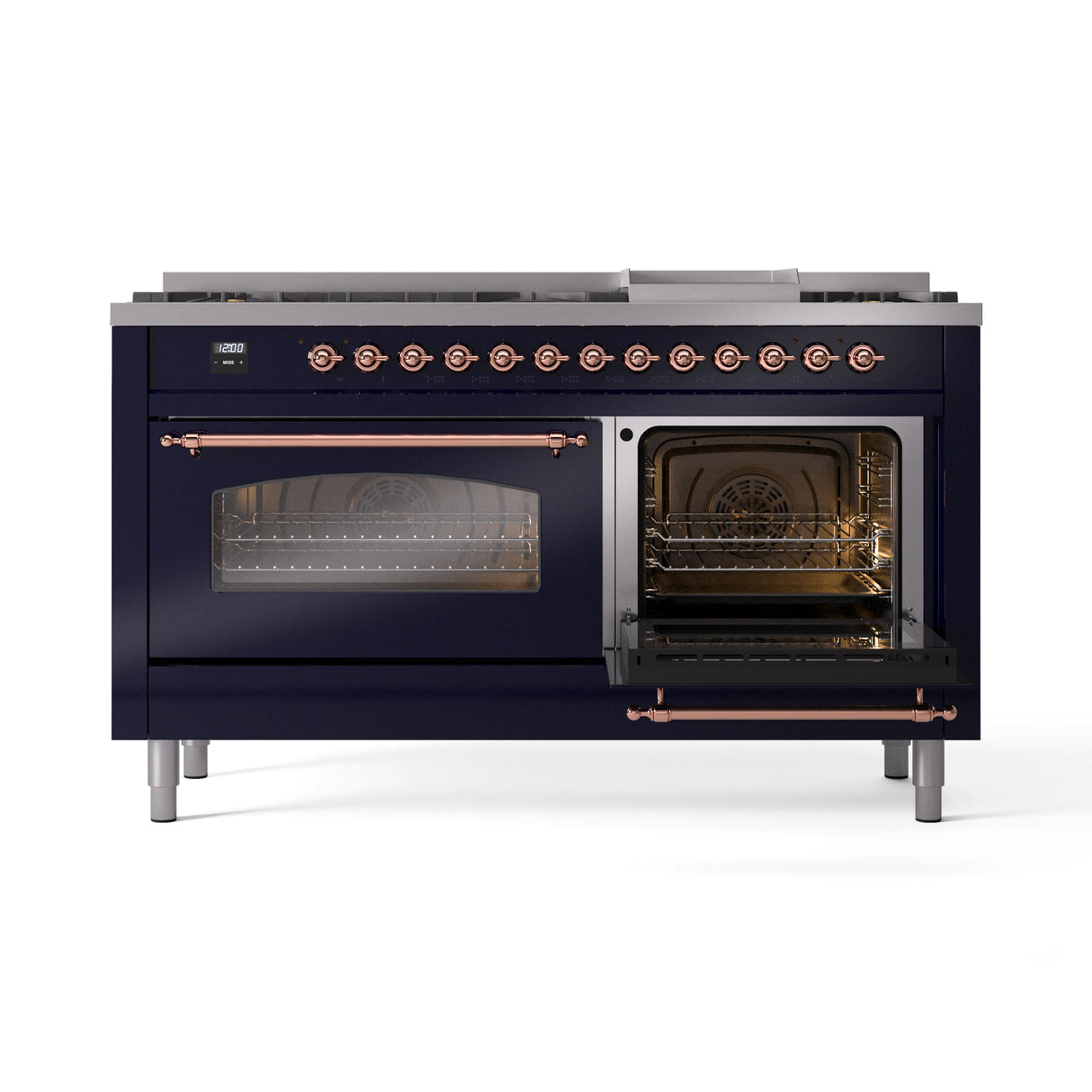 ILVE 60-Inch Nostalgie II Natural Gas Dual Fuel Range with 9 Burners, Griddle and Triple Glass Door Oven in Midnight Blue with Copper Trim (UP60FNMPMBP)
