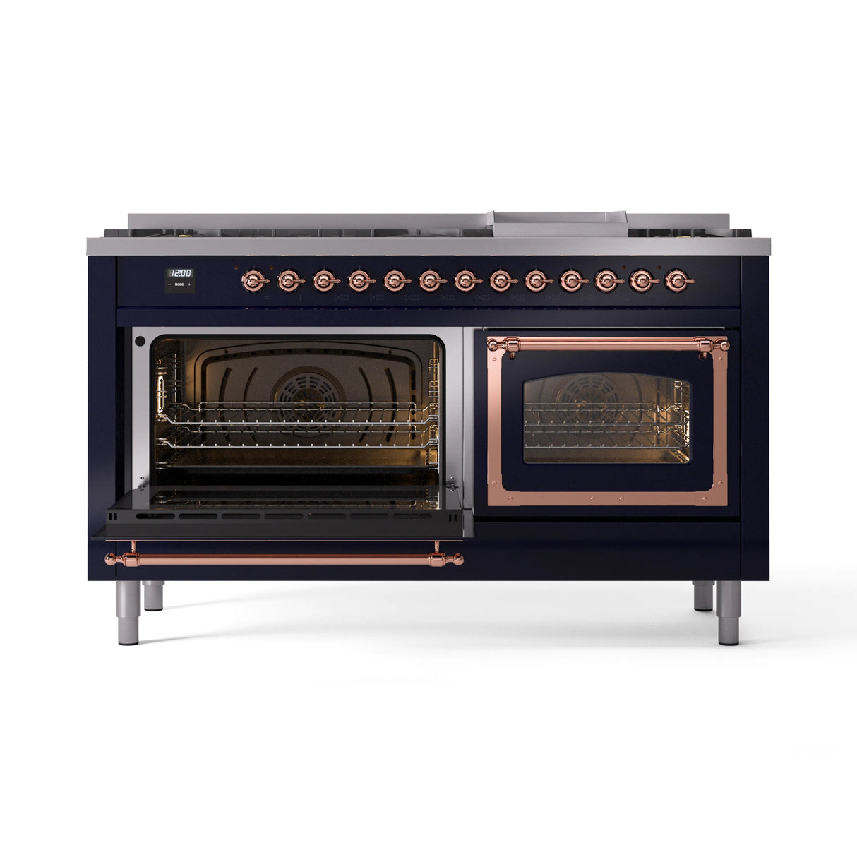 ILVE 60-Inch Nostalgie II Noblesse Natural Gas Dual Fuel Range in Midnight Blue with Copper Trim (UN60FNMPMBP)