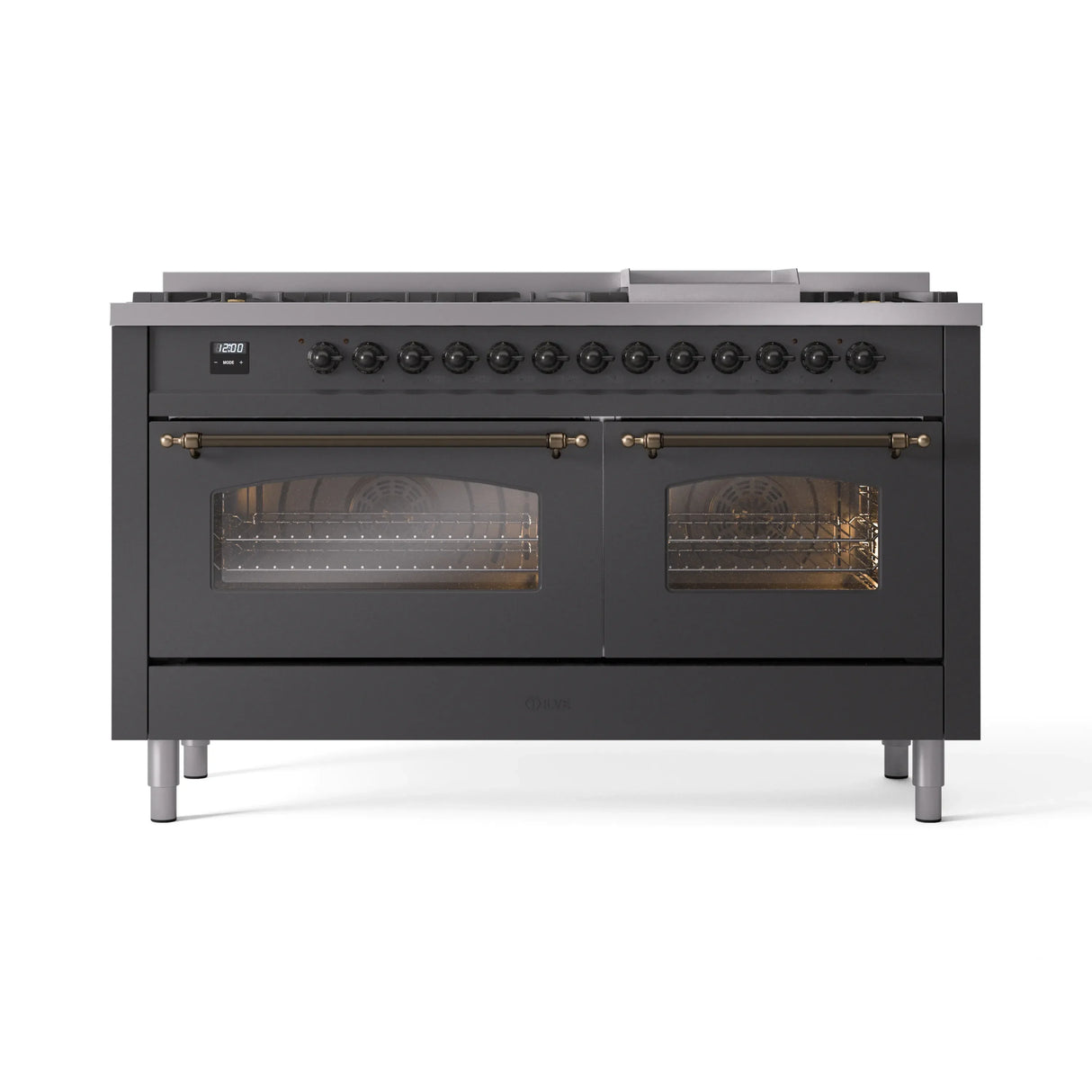 ILVE 60-Inch Nostalgie II Natural Gas Dual Fuel Range with 9 Burners, Griddle and Triple Glass Door Oven in Matte Graphite with Bronze Trim (UP60FNMPMGB)