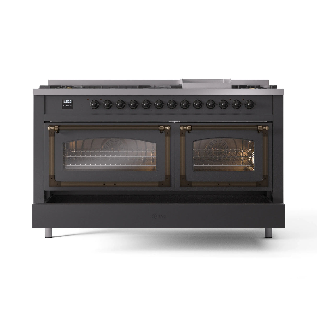 ILVE 60-Inch Nostalgie II Noblesse Propane Gas Dual Fuel Range with 9 Sealed Burners, Griddle, Triple Glass Door Oven in Matte Graphite with Bronze Trim (UN60FNMPMGBLP)