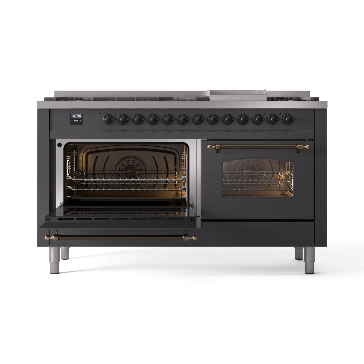 ILVE 60-Inch Nostalgie II Natural Gas Dual Fuel Range with 9 Burners, Griddle and Triple Glass Door Oven in Matte Graphite with Bronze Trim (UP60FNMPMGB)