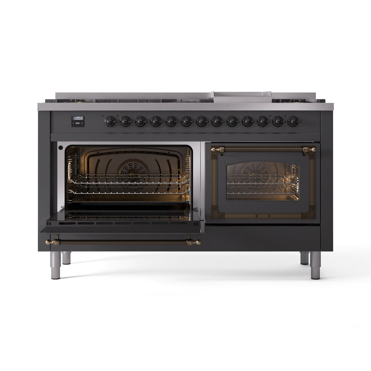 ILVE 60-Inch Nostalgie II Noblesse Propane Gas Dual Fuel Range with 9 Sealed Burners, Griddle, Triple Glass Door Oven in Matte Graphite with Bronze Trim (UN60FNMPMGBLP)