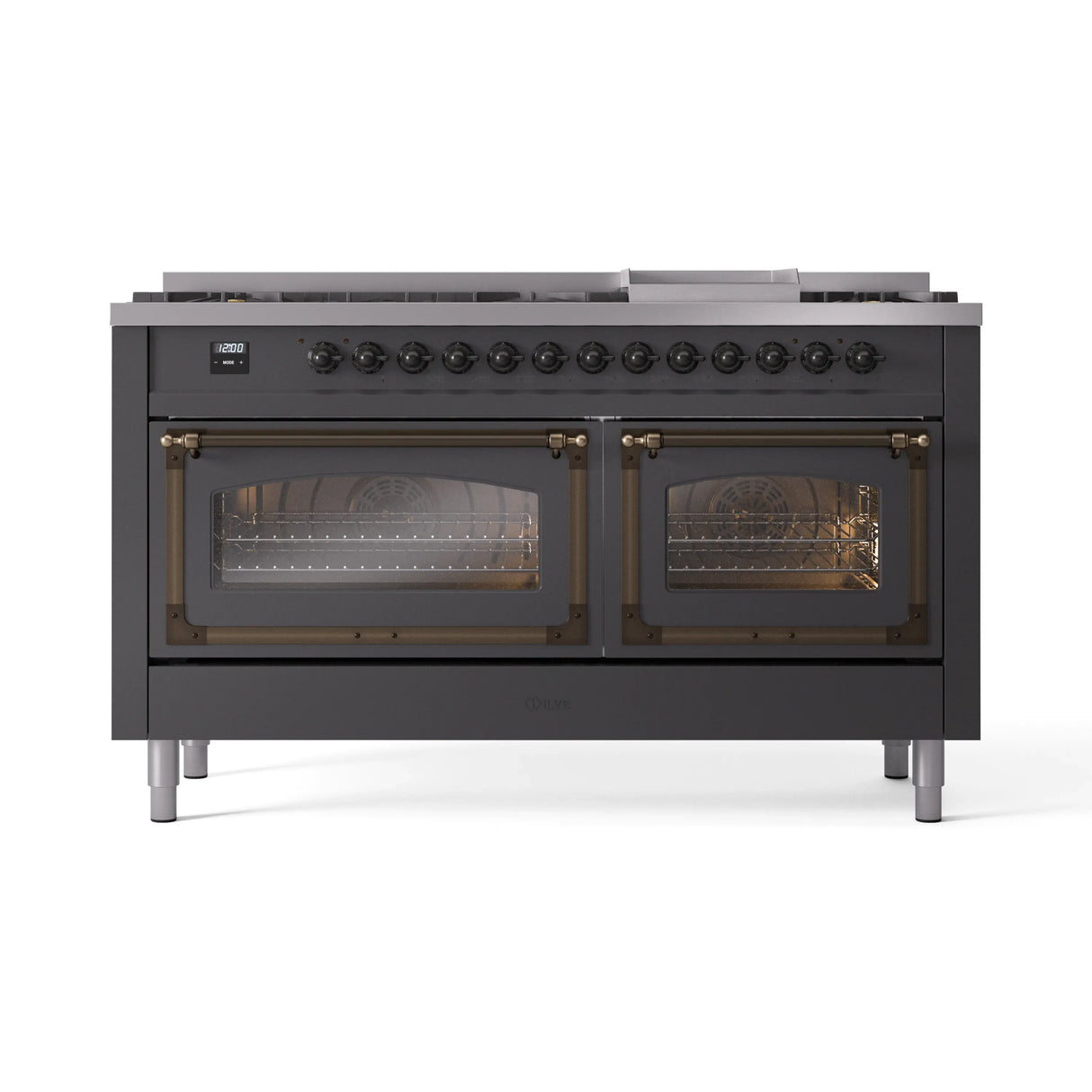 ILVE 60-Inch Nostalgie II Noblesse Propane Gas Dual Fuel Range with 9 Sealed Burners, Griddle, Triple Glass Door Oven in Matte Graphite with Bronze Trim (UN60FNMPMGBLP)