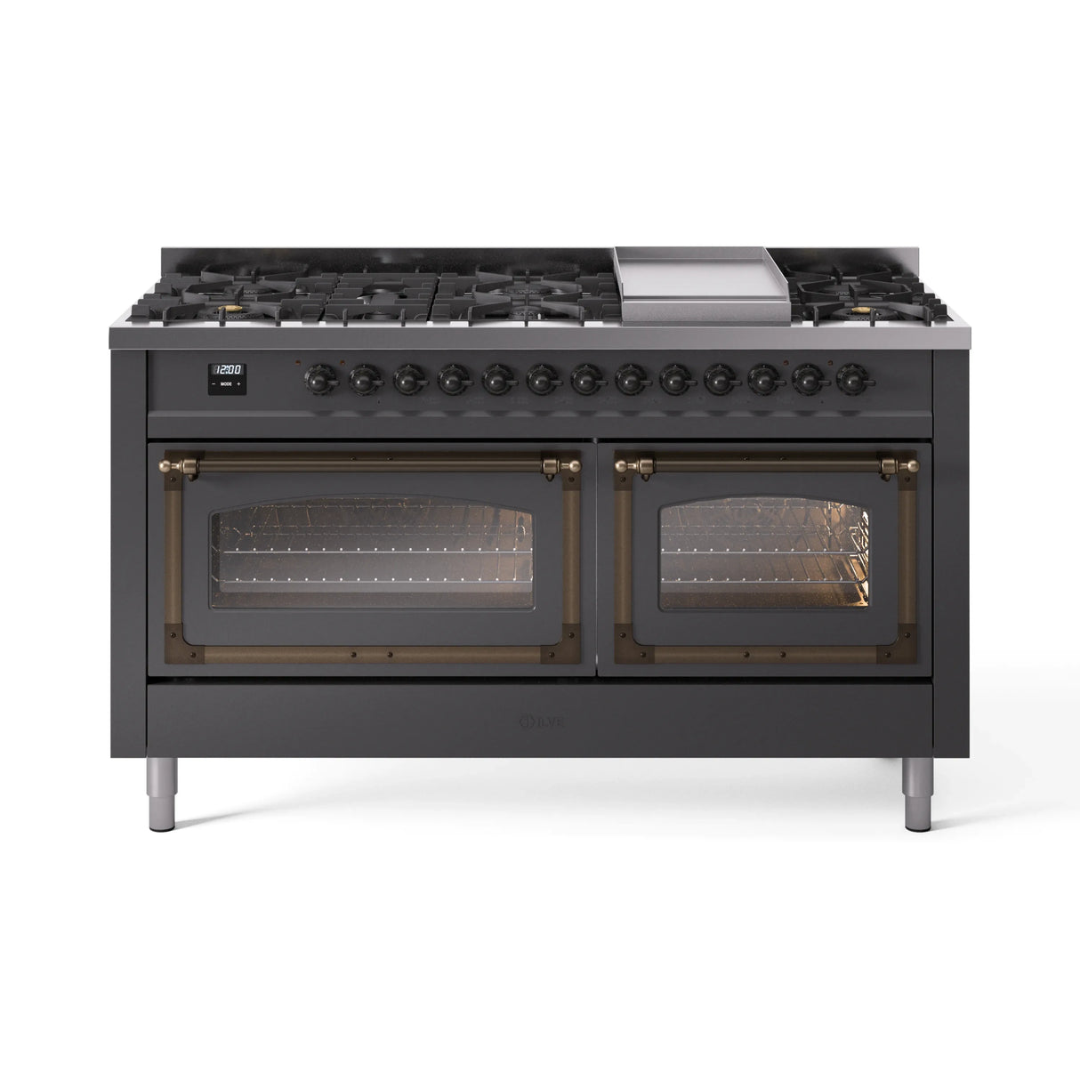ILVE 60-Inch Nostalgie II Noblesse Propane Gas Dual Fuel Range with 9 Sealed Burners, Griddle, Triple Glass Door Oven in Matte Graphite with Bronze Trim (UN60FNMPMGBLP)