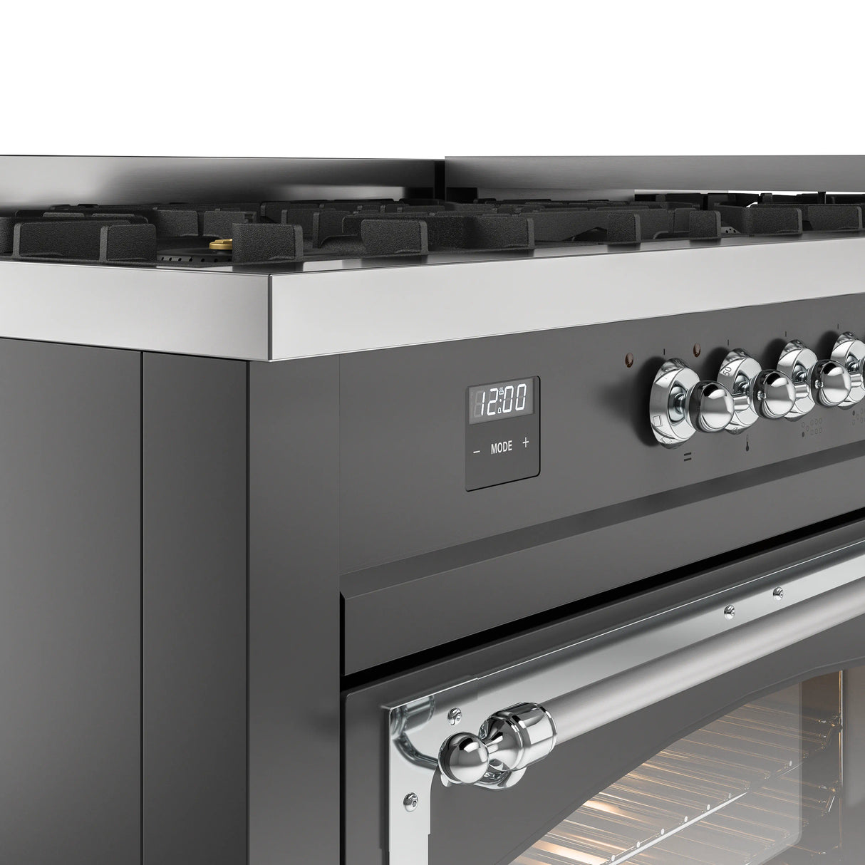 ILVE 60-Inch Nostalgie II Noblesse Propane Gas Dual Fuel Range with 9 Sealed Burners, Griddle, Triple Glass Door Oven in Matte Graphite with Chrome Trim (UN60FNMPMGCLP)