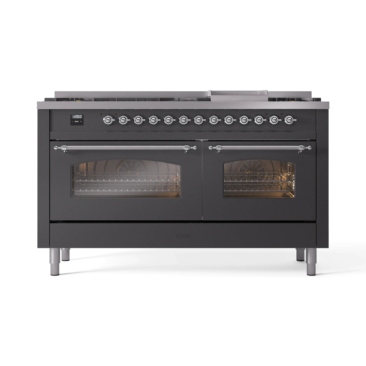 ILVE 60-Inch Nostalgie II Propane Gas Dual Fuel Range with 9 Burners, Griddle and Triple Glass Door Oven in Matte Graphite with Chrome Trim (UP60FNMPMGCLP)