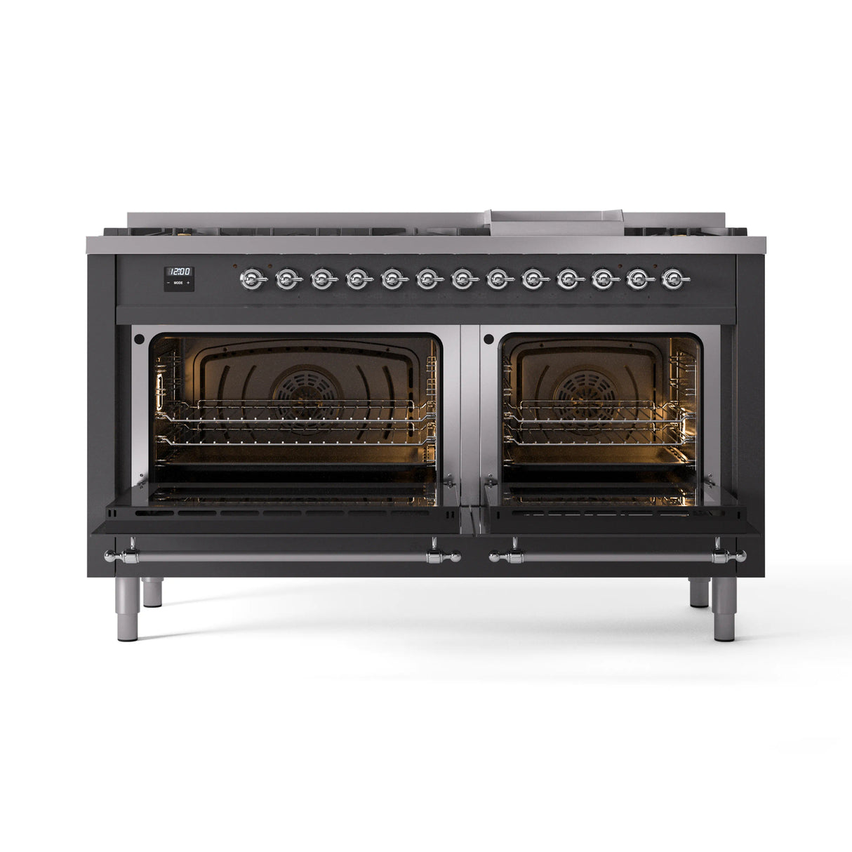 ILVE 60-Inch Nostalgie II Propane Gas Dual Fuel Range with 9 Burners, Griddle and Triple Glass Door Oven in Matte Graphite with Chrome Trim (UP60FNMPMGCLP)