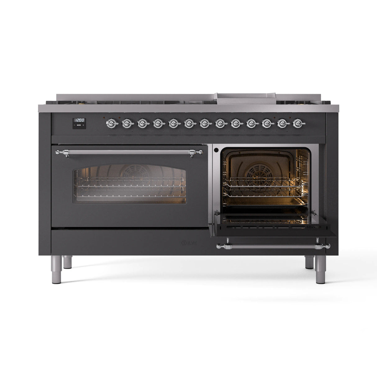 ILVE 60-Inch Nostalgie II Propane Gas Dual Fuel Range with 9 Burners, Griddle and Triple Glass Door Oven in Matte Graphite with Chrome Trim (UP60FNMPMGCLP)
