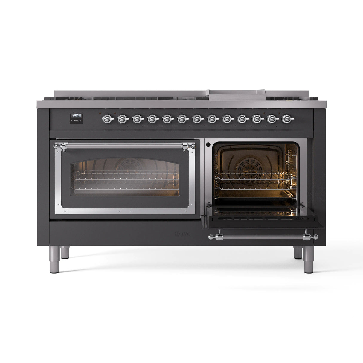 ILVE 60-Inch Nostalgie II Noblesse Propane Gas Dual Fuel Range with 9 Sealed Burners, Griddle, Triple Glass Door Oven in Matte Graphite with Chrome Trim (UN60FNMPMGCLP)