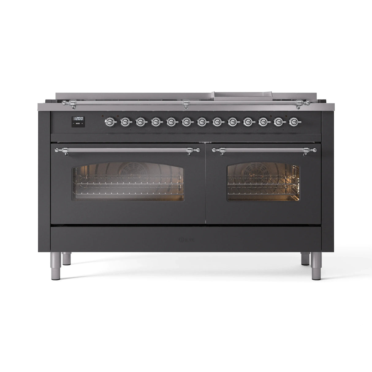ILVE 60-Inch Nostalgie II Natural Gas Dual Fuel Range with 9 Burners, Griddle and Triple Glass Door Oven in Matte Graphite with Chrome Trim (UP60FNMPMGC)