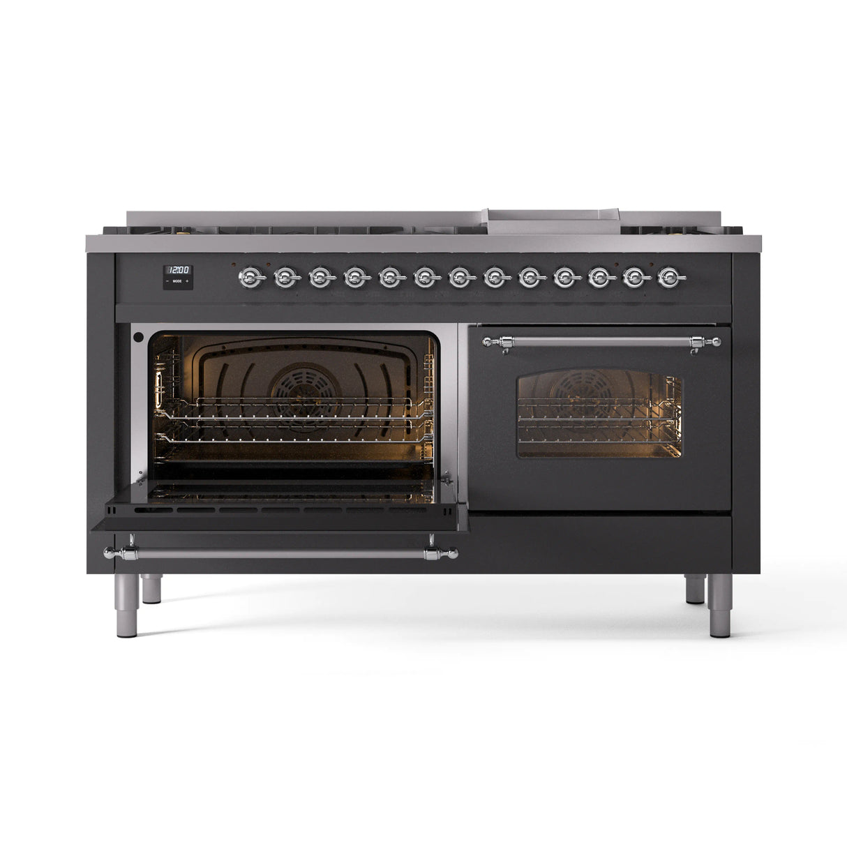 ILVE 60-Inch Nostalgie II Natural Gas Dual Fuel Range with 9 Burners, Griddle and Triple Glass Door Oven in Matte Graphite with Chrome Trim (UP60FNMPMGC)