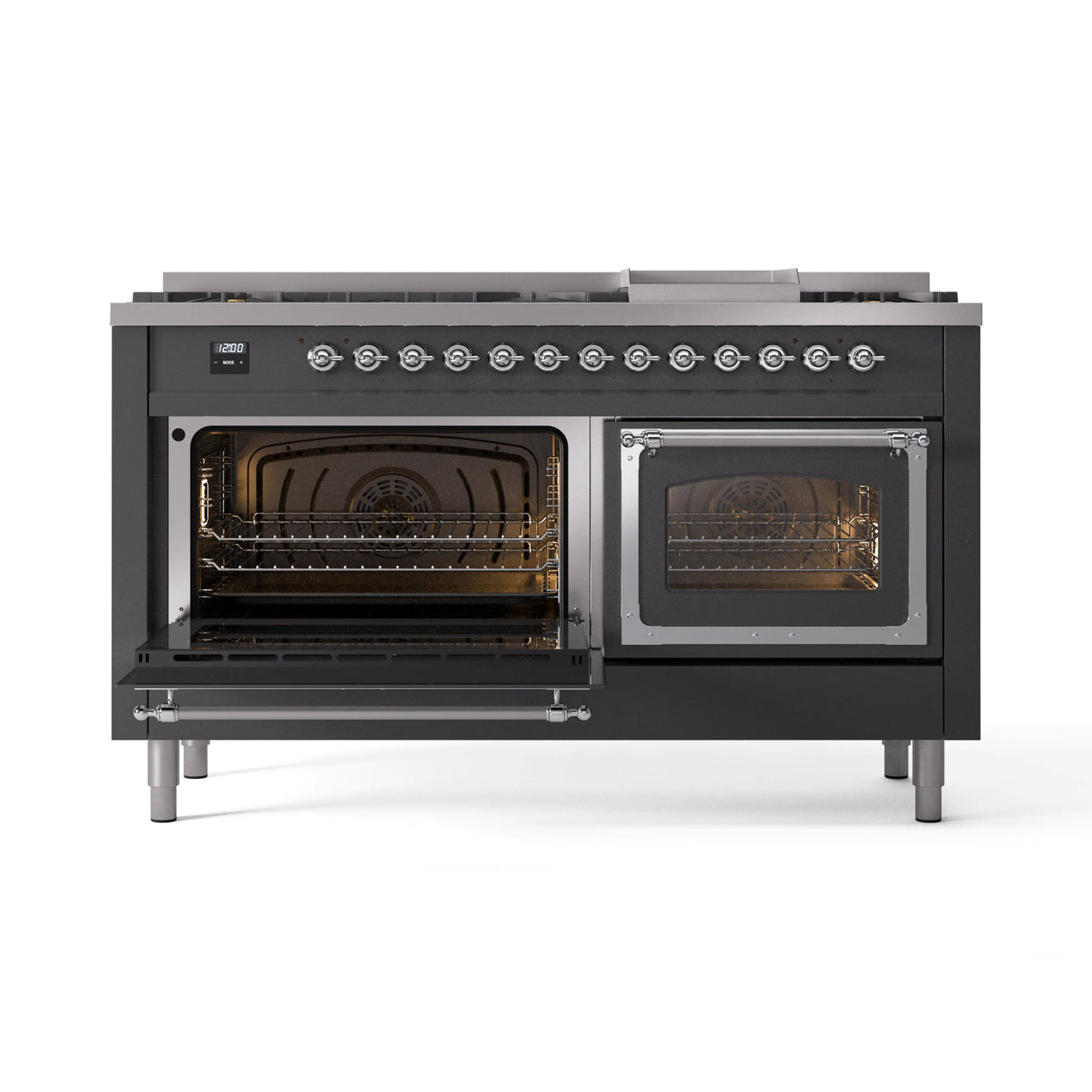 ILVE 60-Inch Nostalgie II Noblesse Propane Gas Dual Fuel Range with 9 Sealed Burners, Griddle, Triple Glass Door Oven in Matte Graphite with Chrome Trim (UN60FNMPMGCLP)