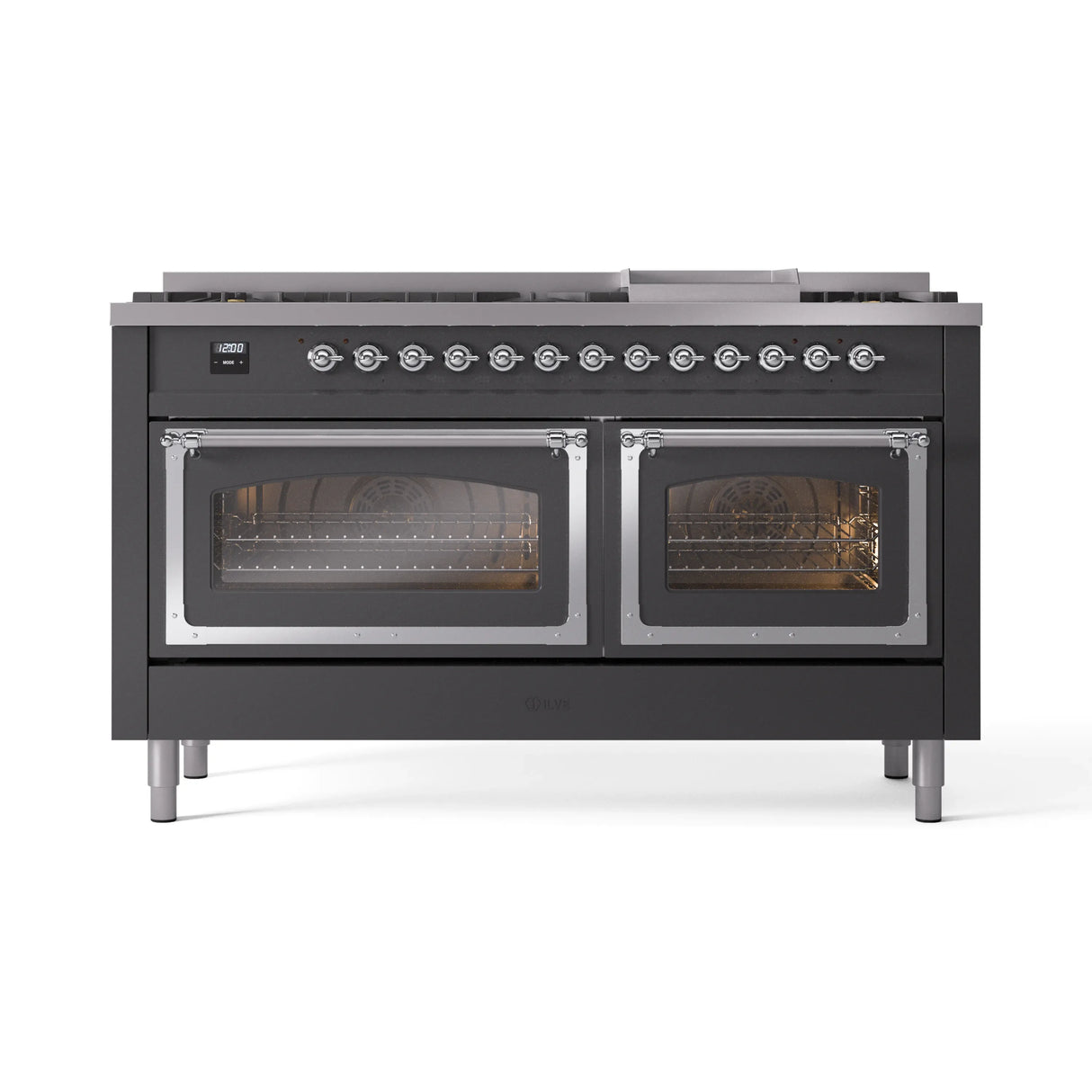 ILVE 60-Inch Nostalgie II Noblesse Propane Gas Dual Fuel Range with 9 Sealed Burners, Griddle, Triple Glass Door Oven in Matte Graphite with Chrome Trim (UN60FNMPMGCLP)