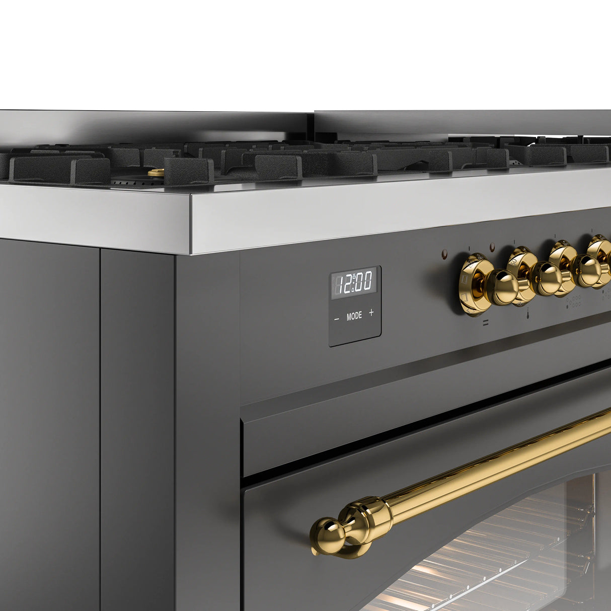 ILVE 60-Inch Nostalgie II Propane Gas Dual Fuel Range with 9 Burners, Griddle and Triple Glass Door Oven in Matte Graphite with Brass Trim (UP60FNMPMGGLP)