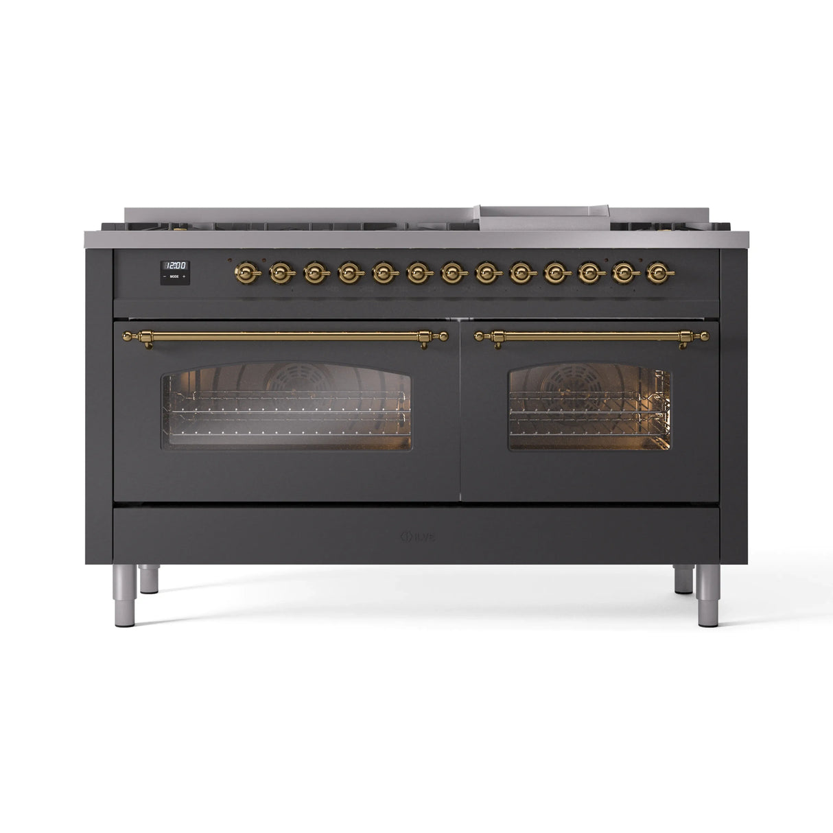 ILVE 60-Inch Nostalgie II Propane Gas Dual Fuel Range with 9 Burners, Griddle and Triple Glass Door Oven in Matte Graphite with Brass Trim (UP60FNMPMGGLP)