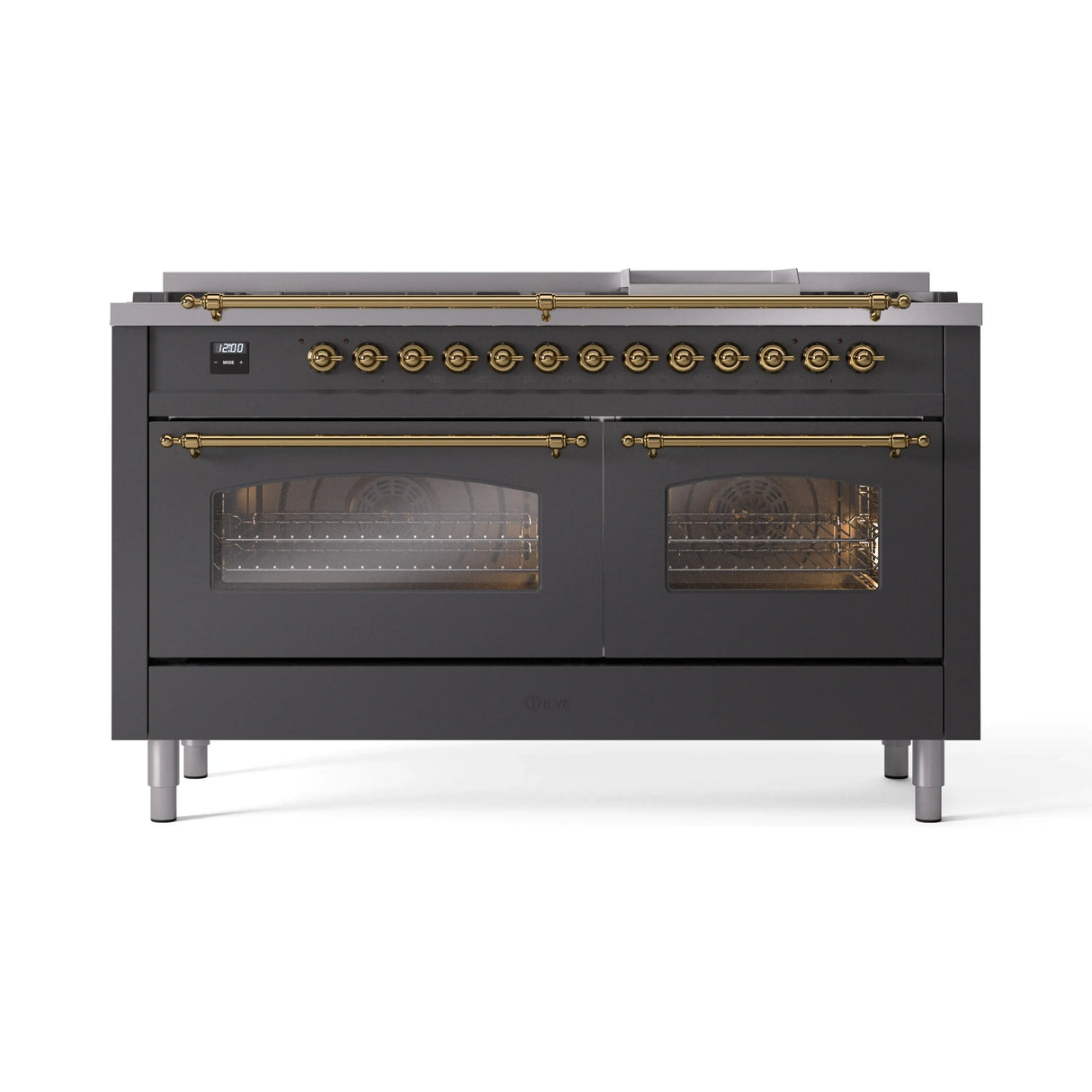 ILVE 60-Inch Nostalgie II Propane Gas Dual Fuel Range with 9 Burners, Griddle and Triple Glass Door Oven in Matte Graphite with Brass Trim (UP60FNMPMGGLP)
