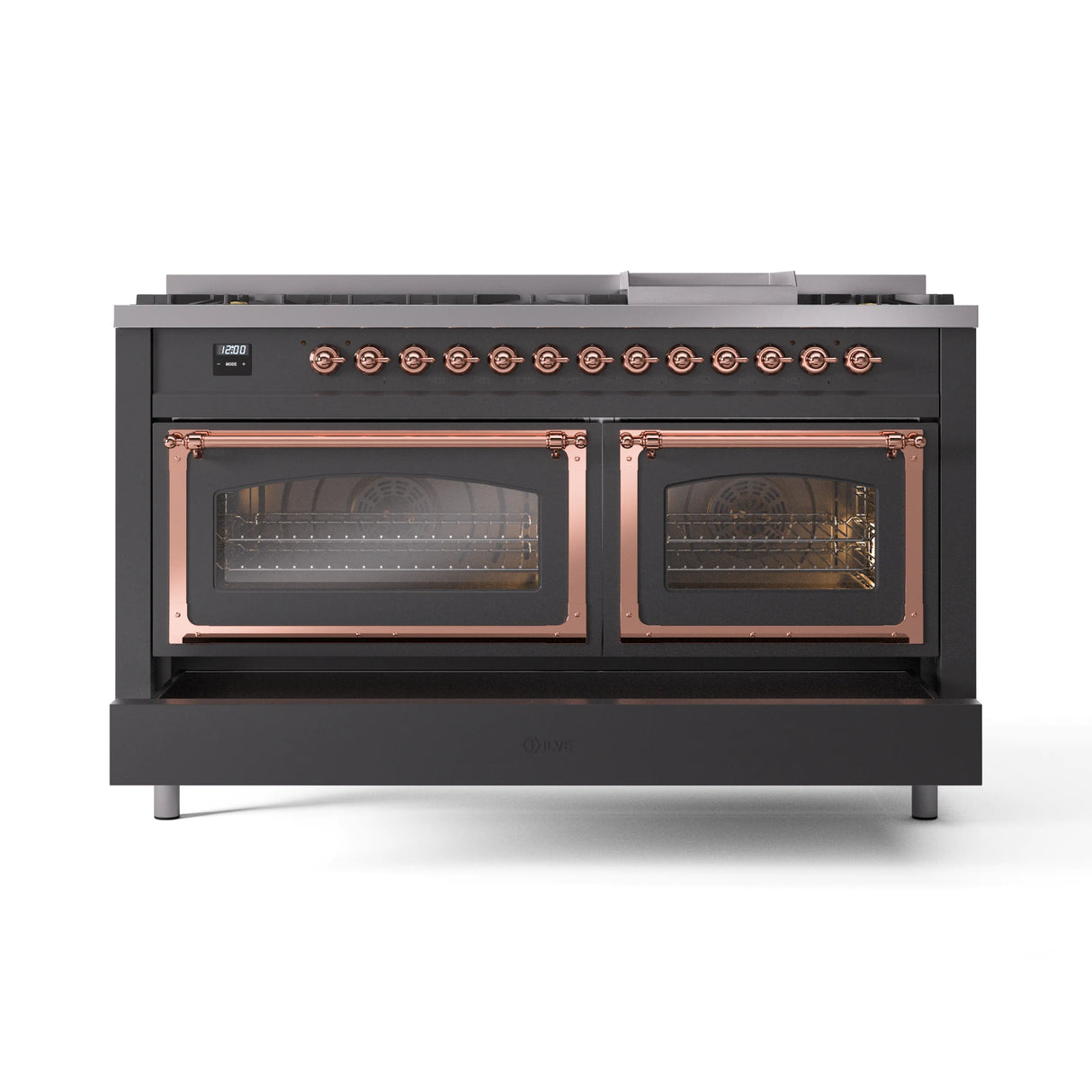 ILVE 60-Inch Nostalgie II Noblesse Propane Gas Dual Fuel Range with 9 Sealed Burners, Griddle, Triple Glass Door Oven in Matte Graphite with Copper Trim (UN60FNMPMGPLP)
