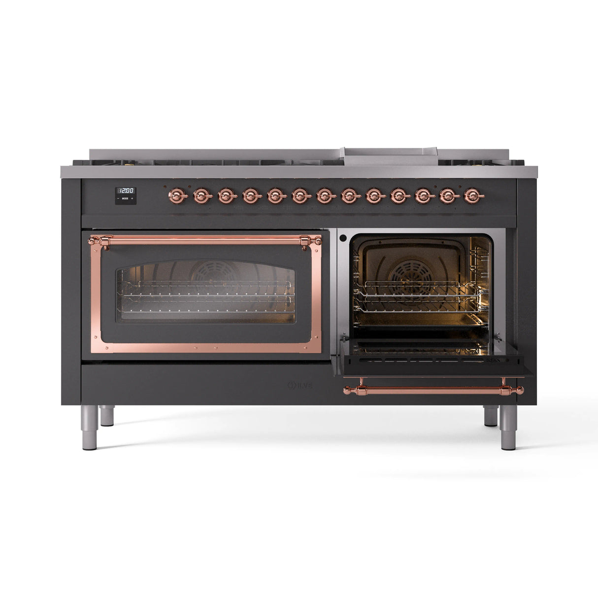 ILVE 60-Inch Nostalgie II Noblesse Propane Gas Dual Fuel Range with 9 Sealed Burners, Griddle, Triple Glass Door Oven in Matte Graphite with Copper Trim (UN60FNMPMGPLP)