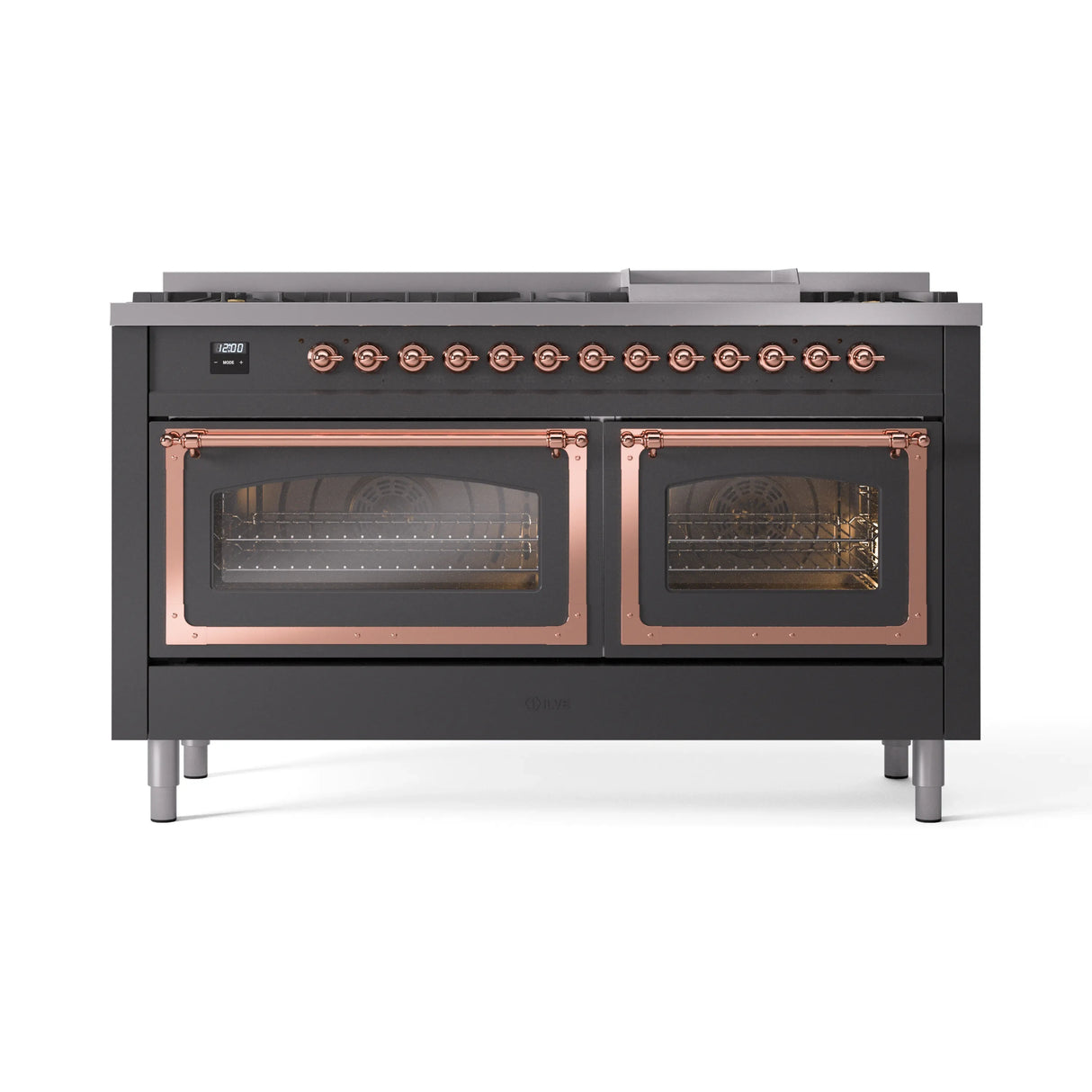 ILVE 60-Inch Nostalgie II Noblesse Propane Gas Dual Fuel Range with 9 Sealed Burners, Griddle, Triple Glass Door Oven in Matte Graphite with Copper Trim (UN60FNMPMGPLP)