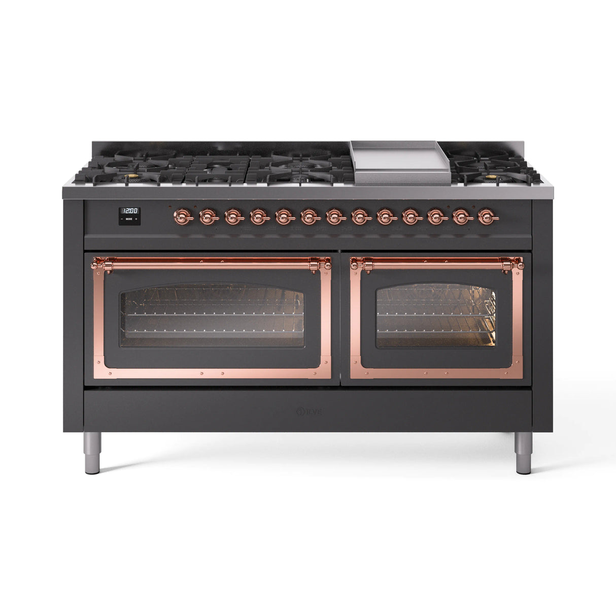 ILVE 60-Inch Nostalgie II Noblesse Propane Gas Dual Fuel Range with 9 Sealed Burners, Griddle, Triple Glass Door Oven in Matte Graphite with Copper Trim (UN60FNMPMGPLP)