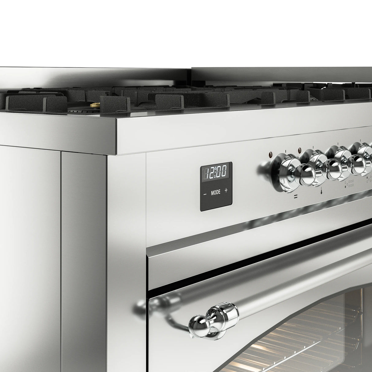 ILVE 60-Inch Nostalgie II Natural Gas Dual Fuel Range with 9 Burners, Griddle and Triple Glass Door Oven in Stainless Steel with Chrome Trim (UP60FNMPSSC)