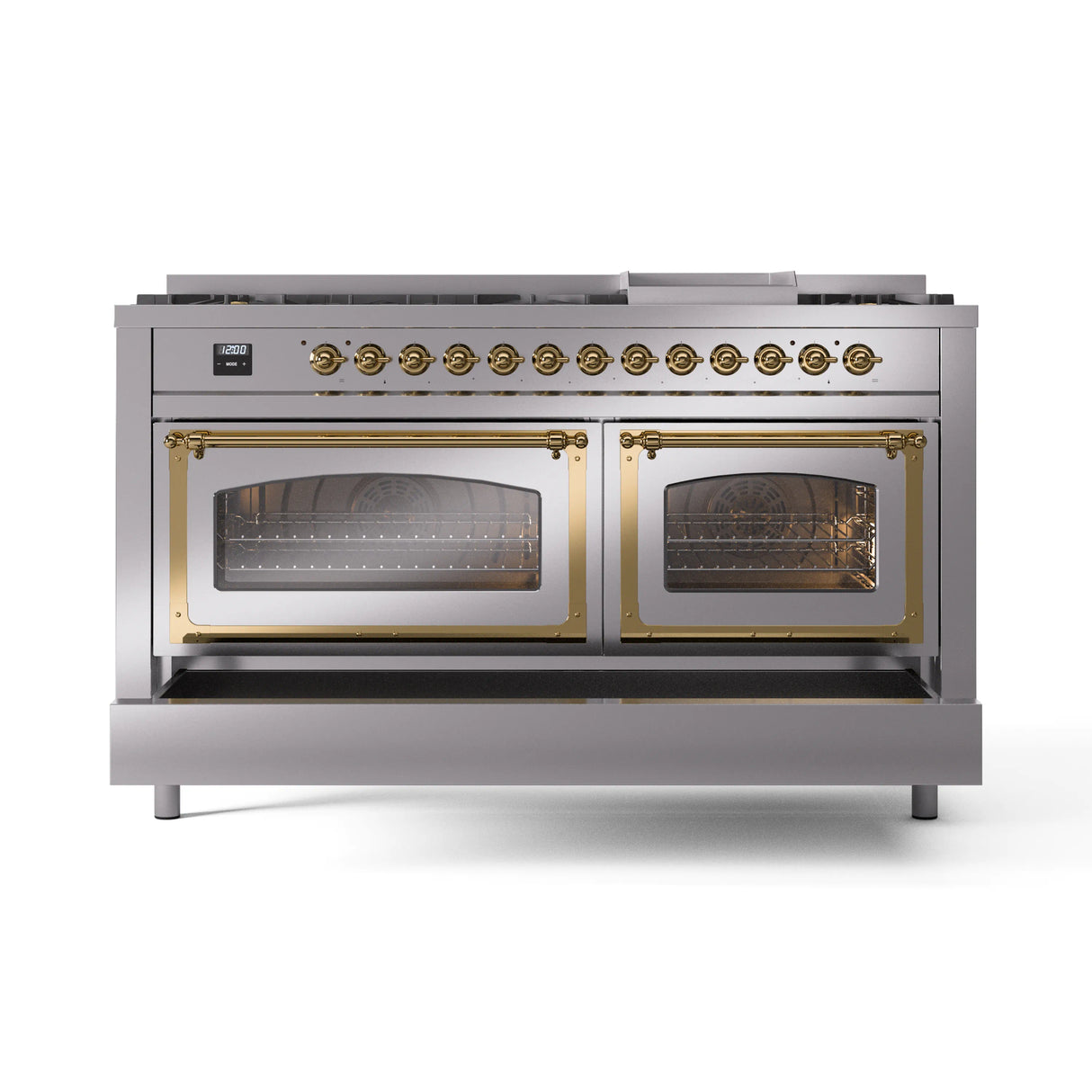 ILVE 60-Inch Nostalgie II Noblesse Propane Gas Dual Fuel Range with 9 Sealed Burners, Griddle, Triple Glass Door Oven in Stainless Steel with Brass Trim (UN60FNMPSSGLP)
