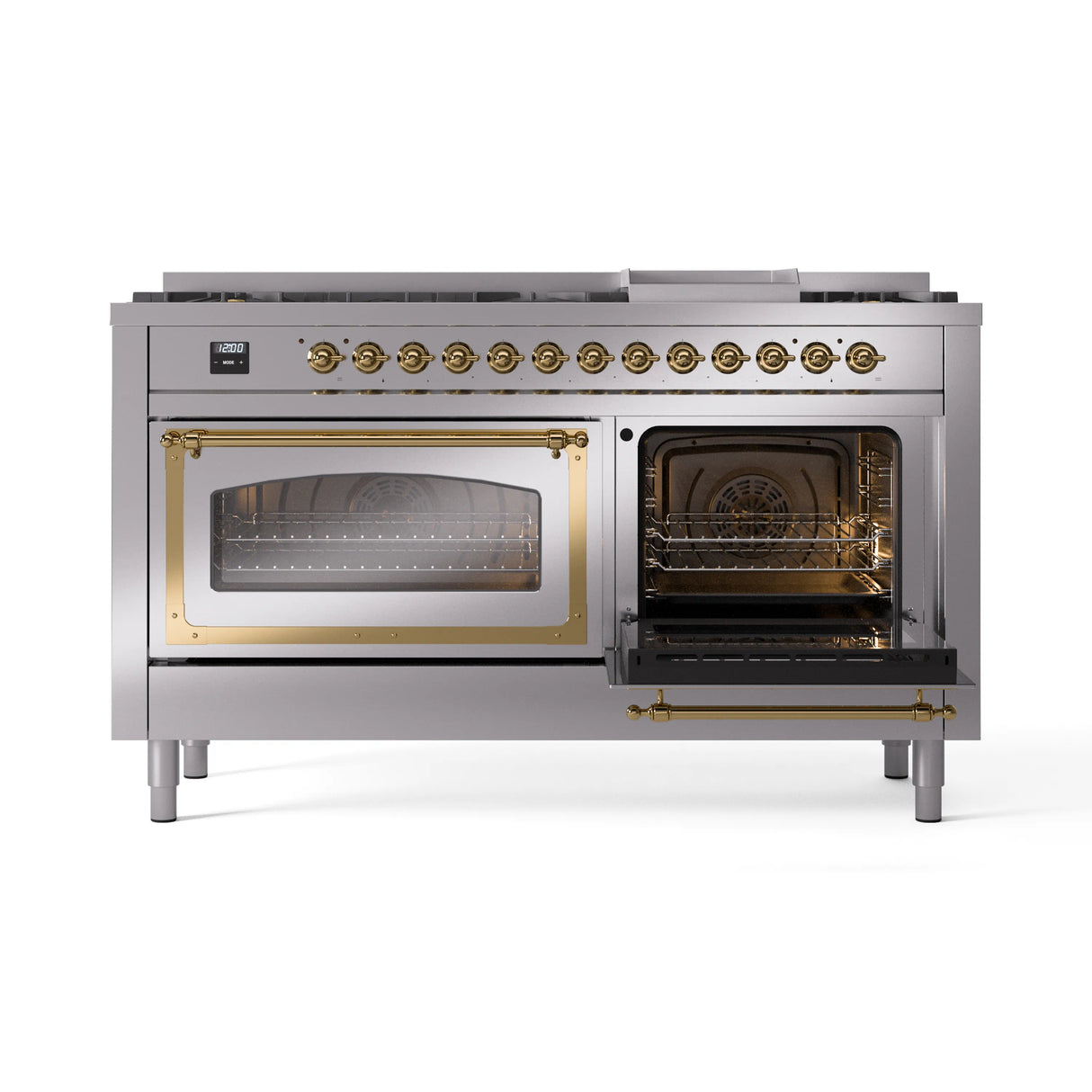 ILVE 60-Inch Nostalgie II Noblesse Propane Gas Dual Fuel Range with 9 Sealed Burners, Griddle, Triple Glass Door Oven in Stainless Steel with Brass Trim (UN60FNMPSSGLP)