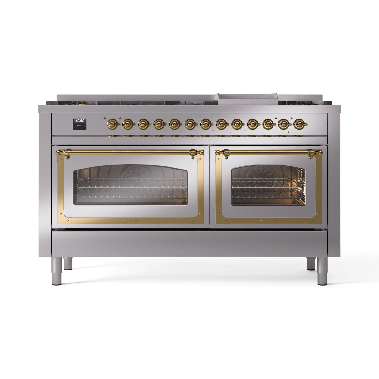 ILVE 60-Inch Nostalgie II Noblesse Propane Gas Dual Fuel Range with 9 Sealed Burners, Griddle, Triple Glass Door Oven in Stainless Steel with Brass Trim (UN60FNMPSSGLP)