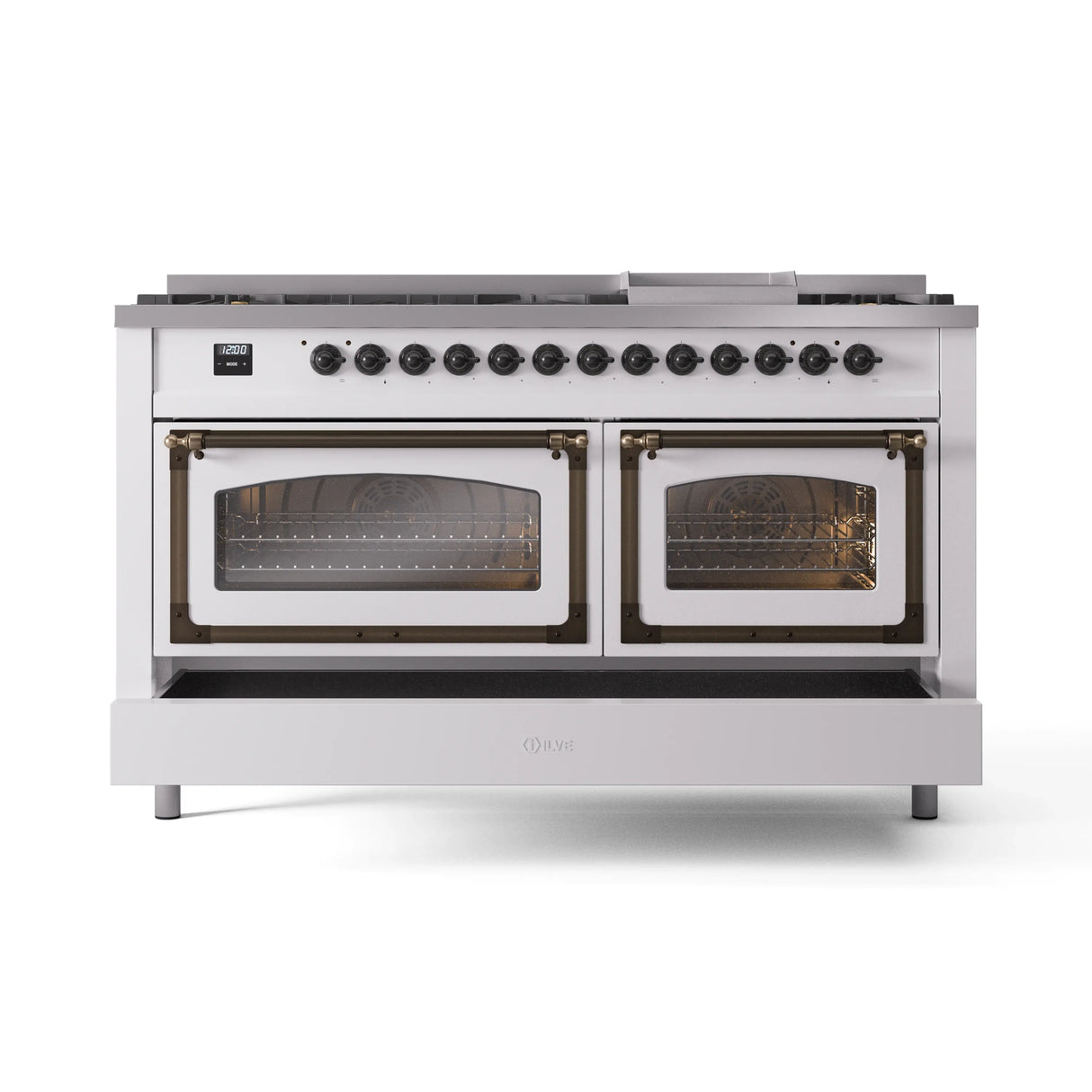 ILVE 60-Inch Nostalgie II Noblesse Propane Gas Dual Fuel Range with 9 Sealed Burners, Griddle, Triple Glass Door Oven in White with Bronze Trim (UN60FNMPWHBLP)