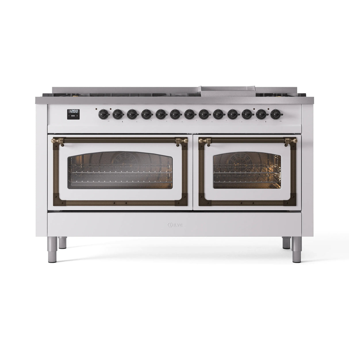 ILVE 60-Inch Nostalgie II Noblesse Propane Gas Dual Fuel Range with 9 Sealed Burners, Griddle, Triple Glass Door Oven in White with Bronze Trim (UN60FNMPWHBLP)