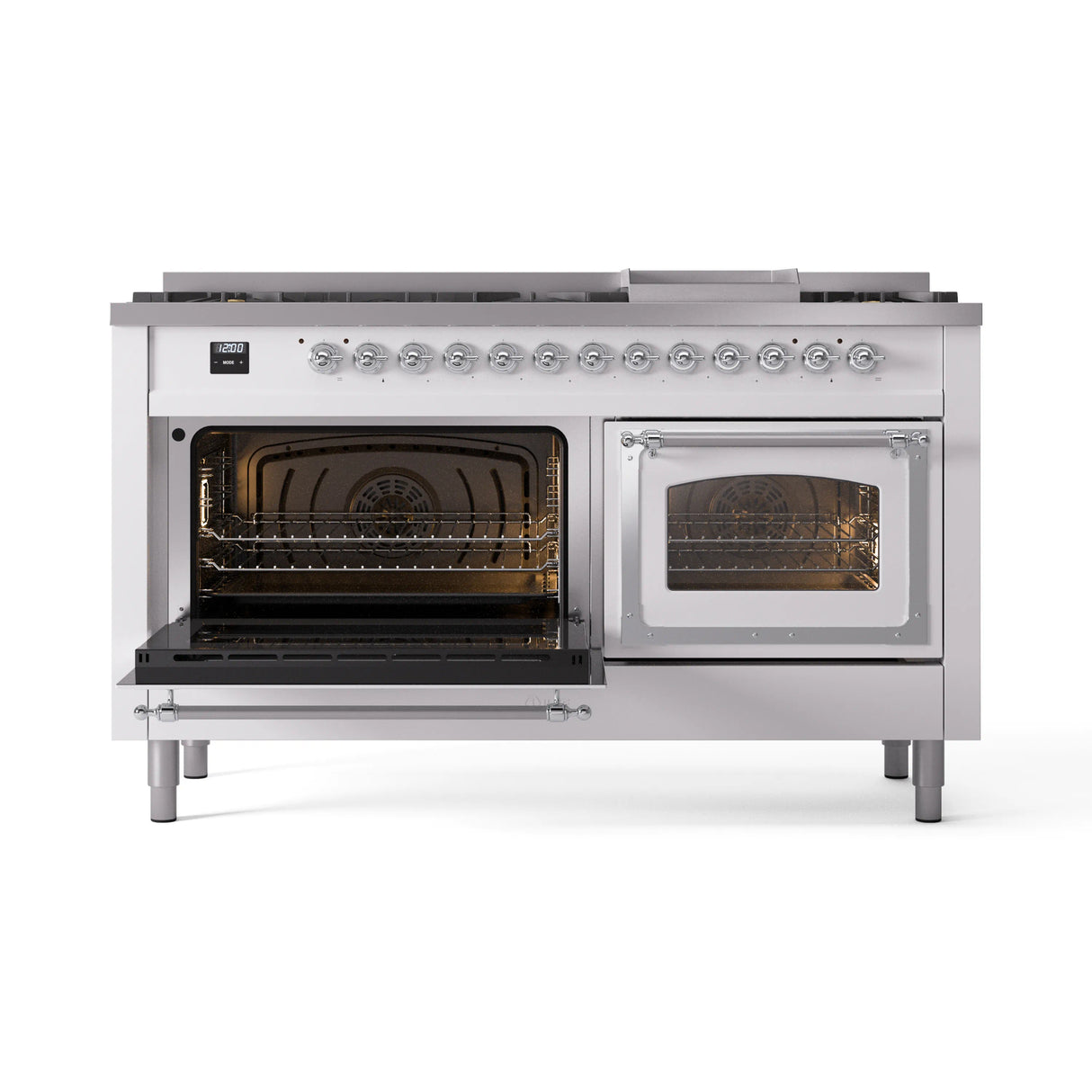ILVE 60-Inch Nostalgie II Noblesse Propane Gas Dual Fuel Range with 9 Sealed Burners, Griddle, Triple Glass Door Oven in White with Chrome Trim (UN60FNMPWHCLP)