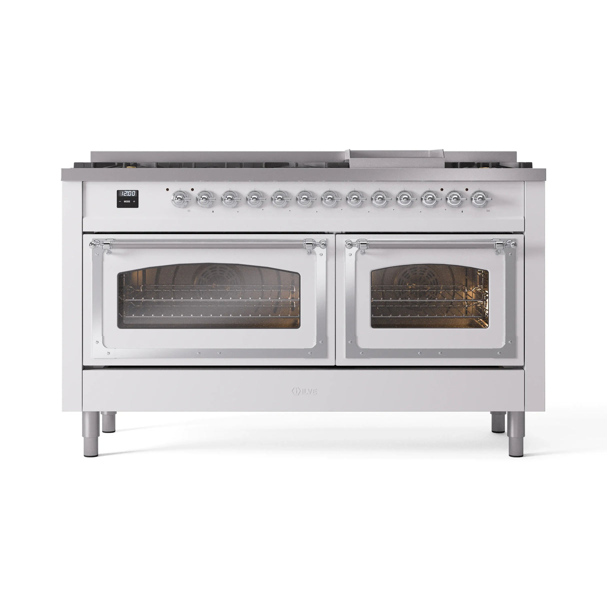 ILVE 60-Inch Nostalgie II Noblesse Propane Gas Dual Fuel Range with 9 Sealed Burners, Griddle, Triple Glass Door Oven in White with Chrome Trim (UN60FNMPWHCLP)