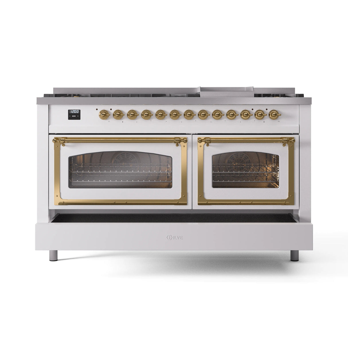 ILVE 60-Inch Nostalgie II Noblesse Propane Gas Dual Fuel Range with 9 Sealed Burners, Griddle, Triple Glass Door Oven in White with Brass Trim (UN60FNMPWHGLP)