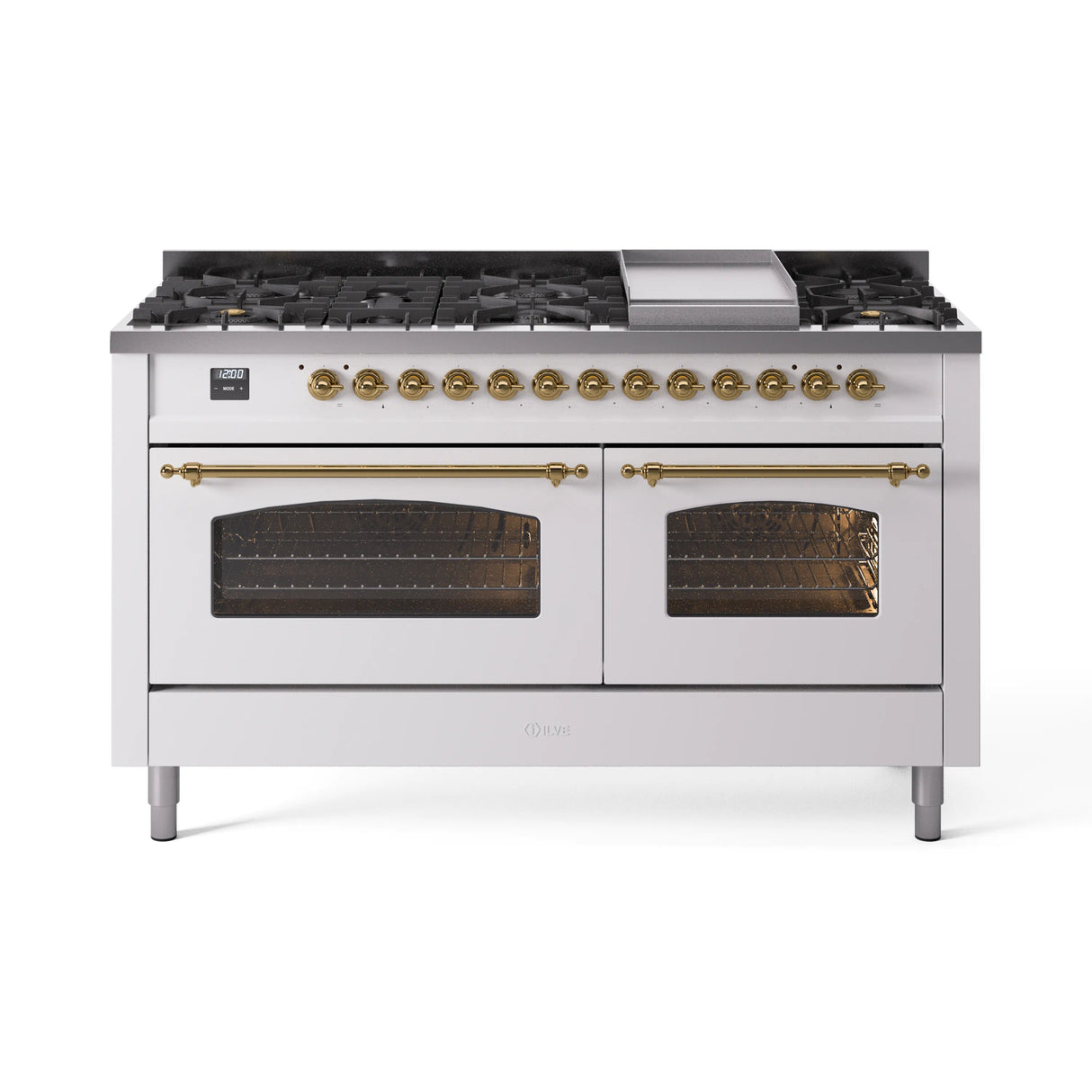 ILVE 60-Inch Nostalgie II Propane Gas Dual Fuel Range with 9 Burners, Griddle and Triple Glass Door Oven in White with Brass Trim (UP60FNMPWHGLP)