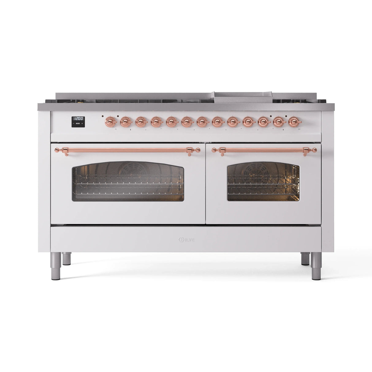 ILVE 60-Inch Nostalgie II Natural Gas Dual Fuel Range with 9 Burners, Griddle and Triple Glass Door Oven in White with Copper Trim (UP60FNMPWHP)