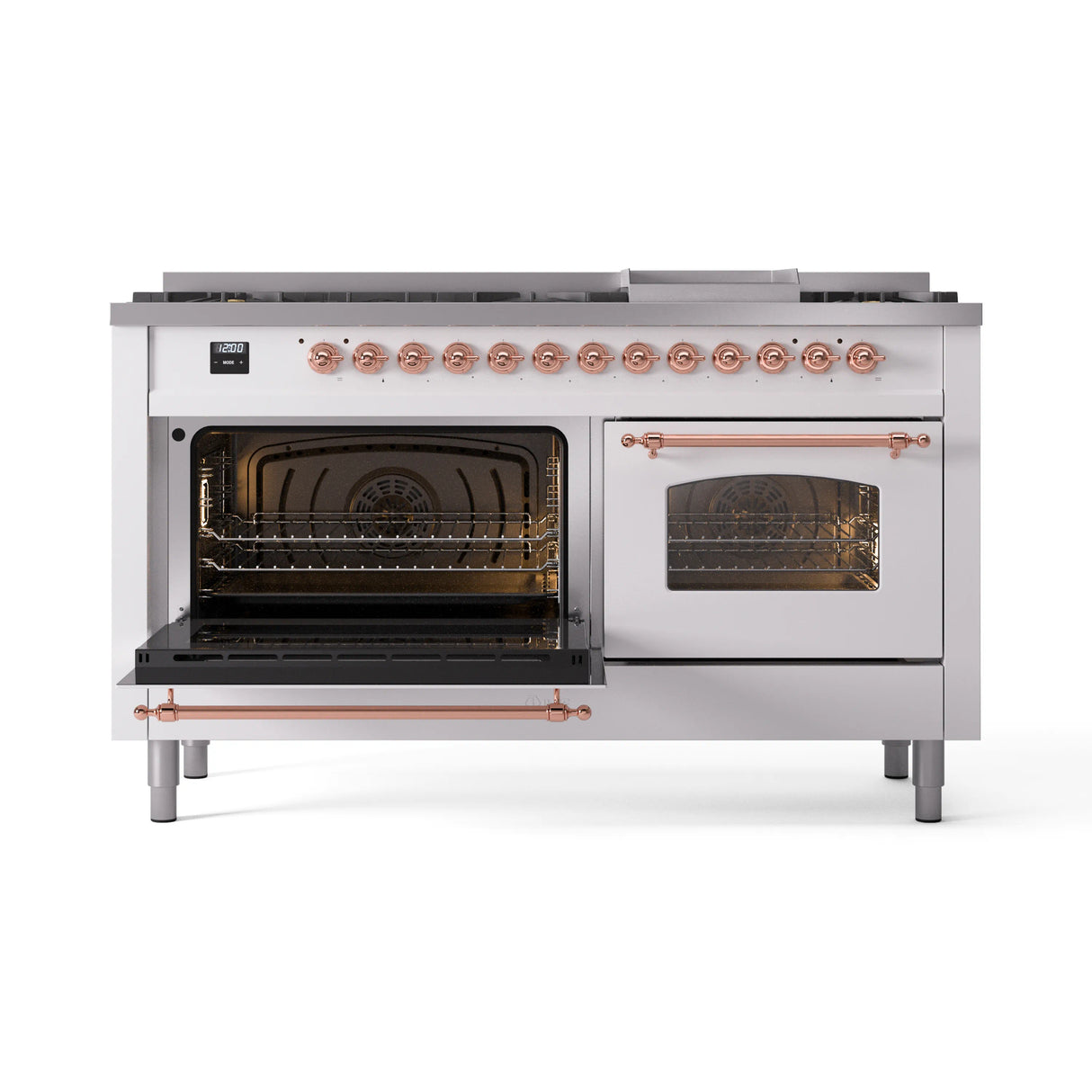 ILVE 60-Inch Nostalgie II Natural Gas Dual Fuel Range with 9 Burners, Griddle and Triple Glass Door Oven in White with Copper Trim (UP60FNMPWHP)