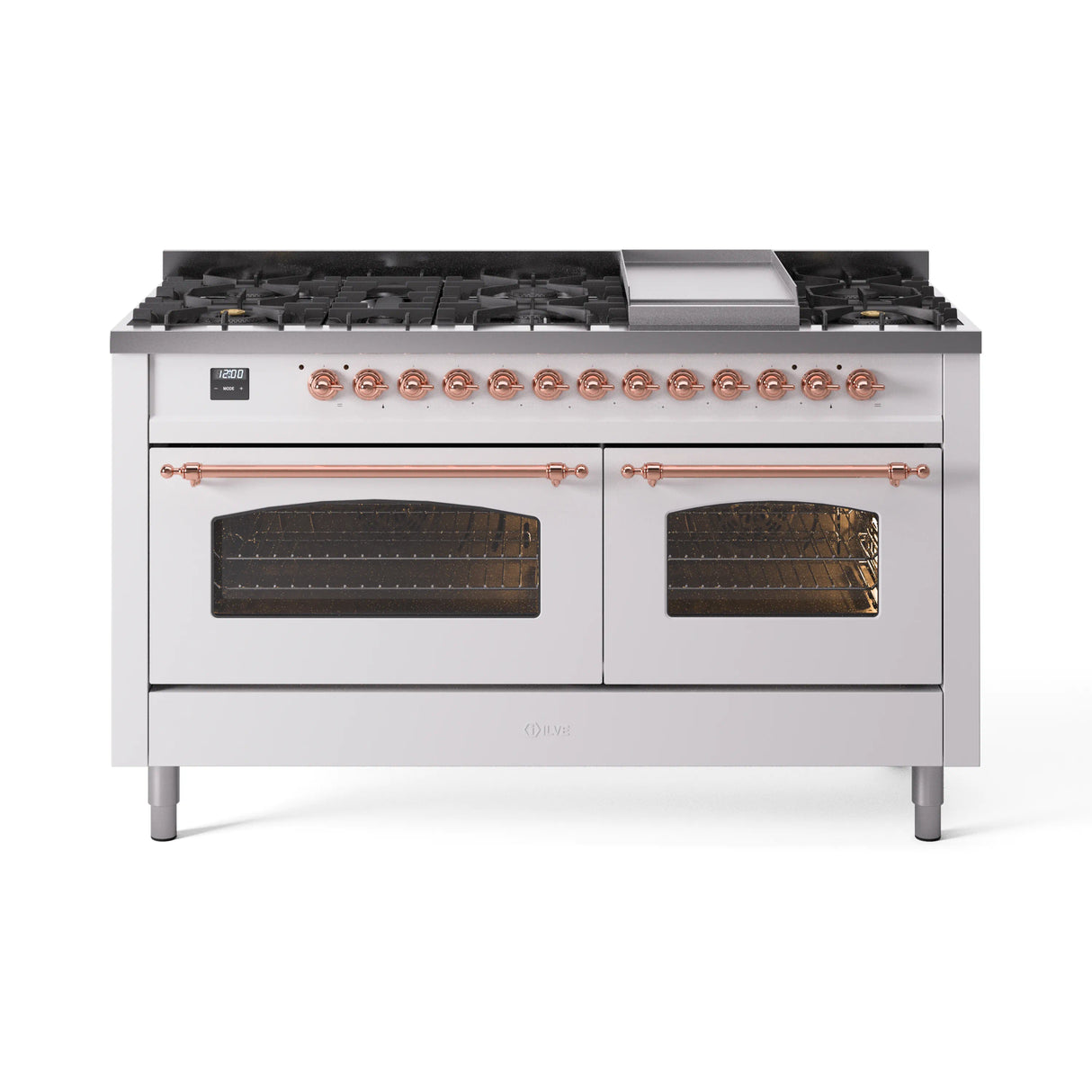 ILVE 60-Inch Nostalgie II Natural Gas Dual Fuel Range with 9 Burners, Griddle and Triple Glass Door Oven in White with Copper Trim (UP60FNMPWHP)
