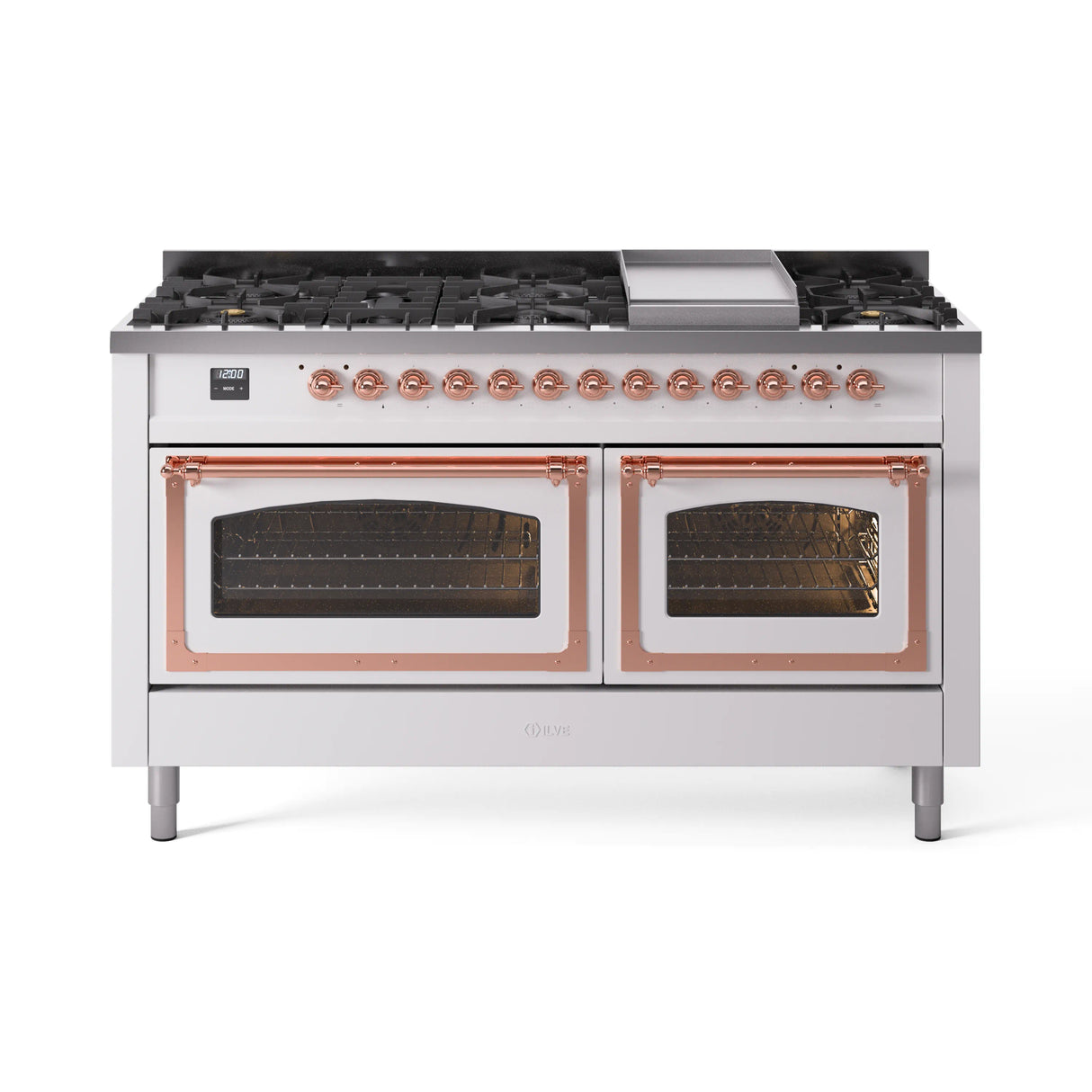 ILVE 60-Inch Nostalgie II Noblesse Propane Gas Dual Fuel Range with 9 Sealed Burners, Griddle, Triple Glass Door Oven in White with Copper Trim (UN60FNMPWHPLP)