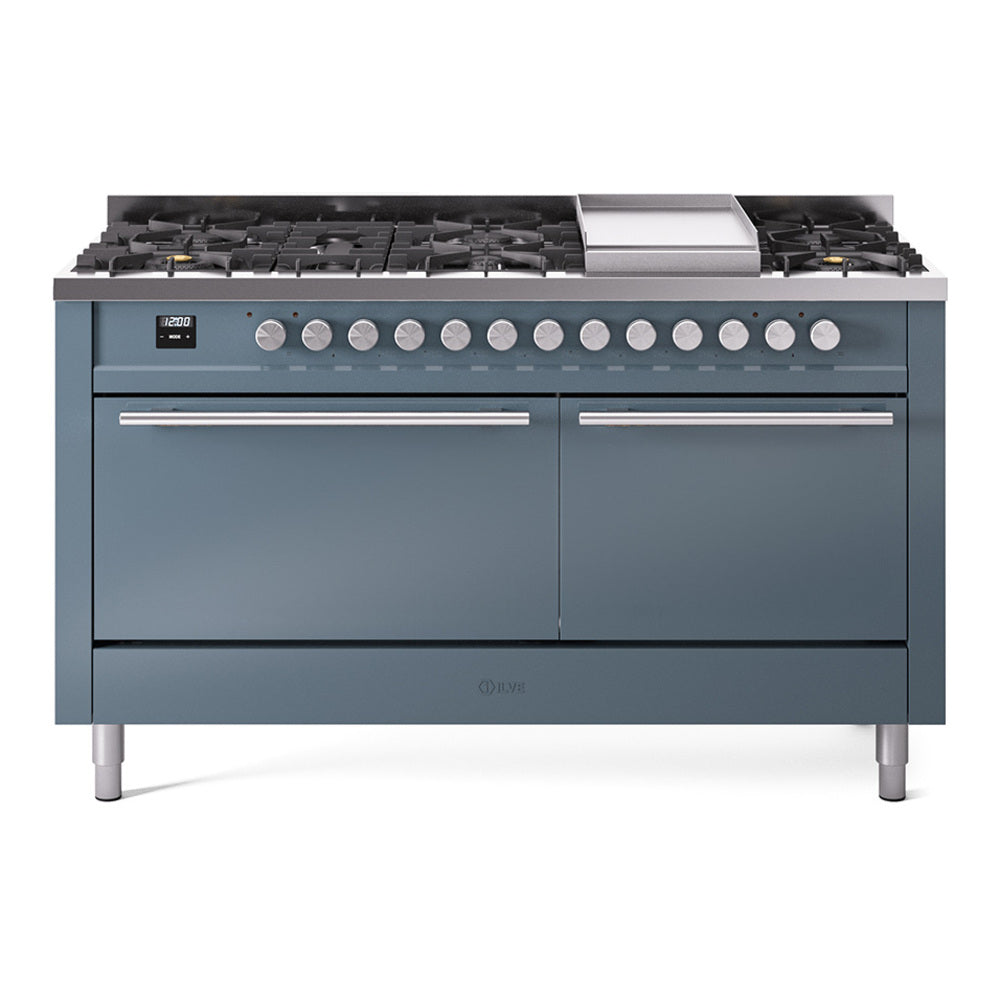 ILVE 60-inch Professional Plus II Natural Gas Dual Fuel Range with 9 Burners, Griddle, and Solid Door Oven in Blue Grey (UP60FQMPBG)