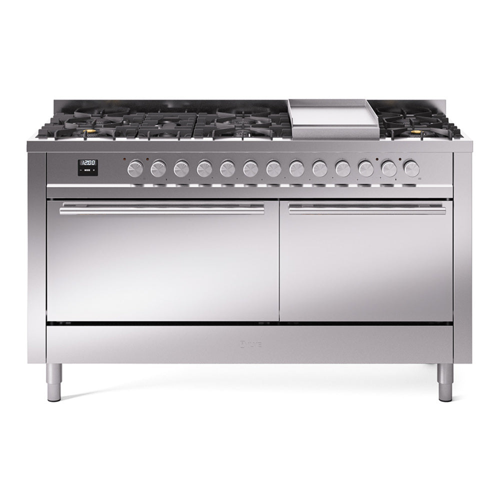 ILVE 60-inch Professional Plus II Natural Gas Dual Fuel Range with 9 Burners, Griddle, and Solid Door Oven in Stainless Steel (UP60FQMPSS)